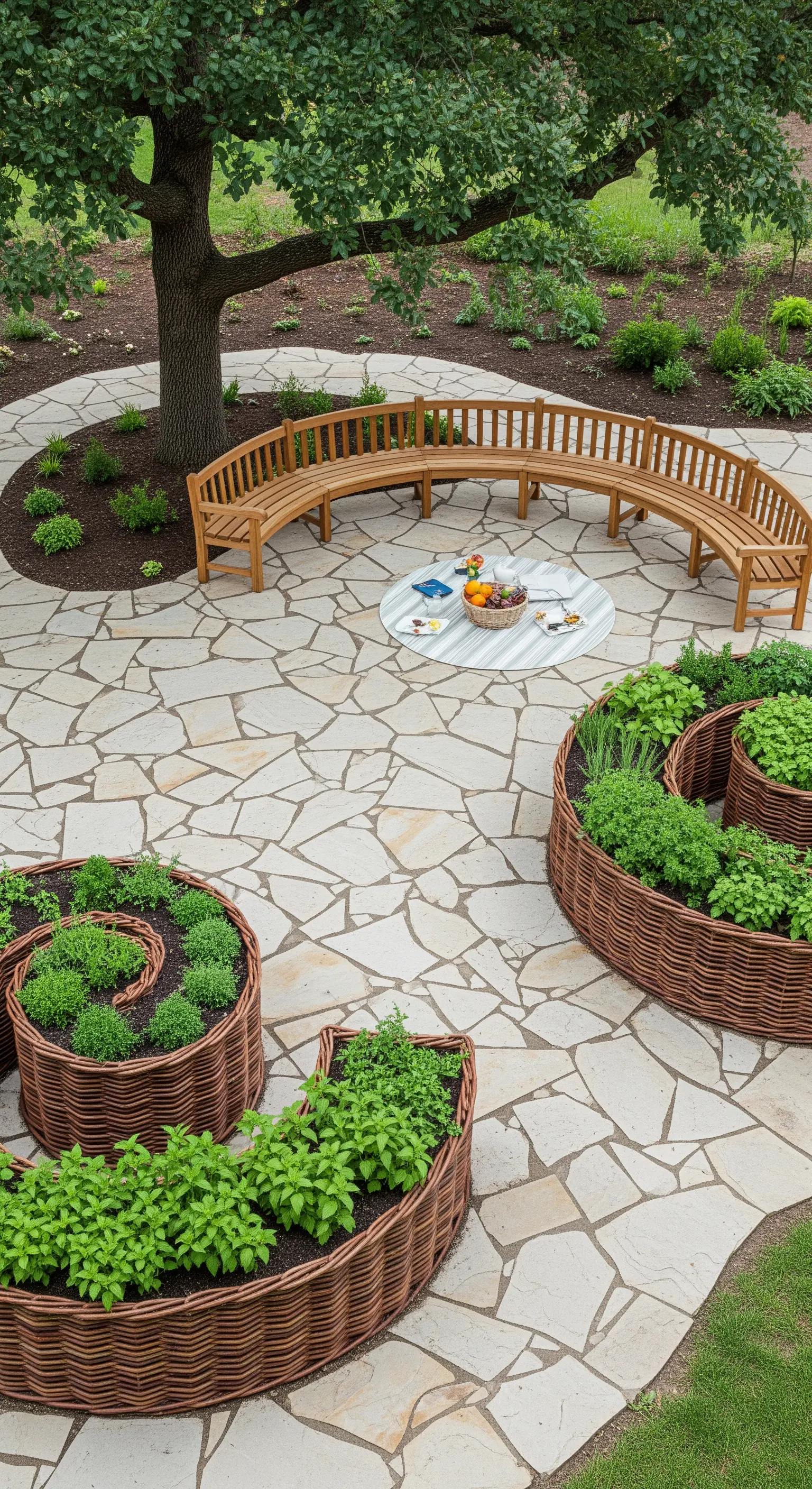 Orto aromatico a spirale in cesti di vimini e panca circolare in legno.