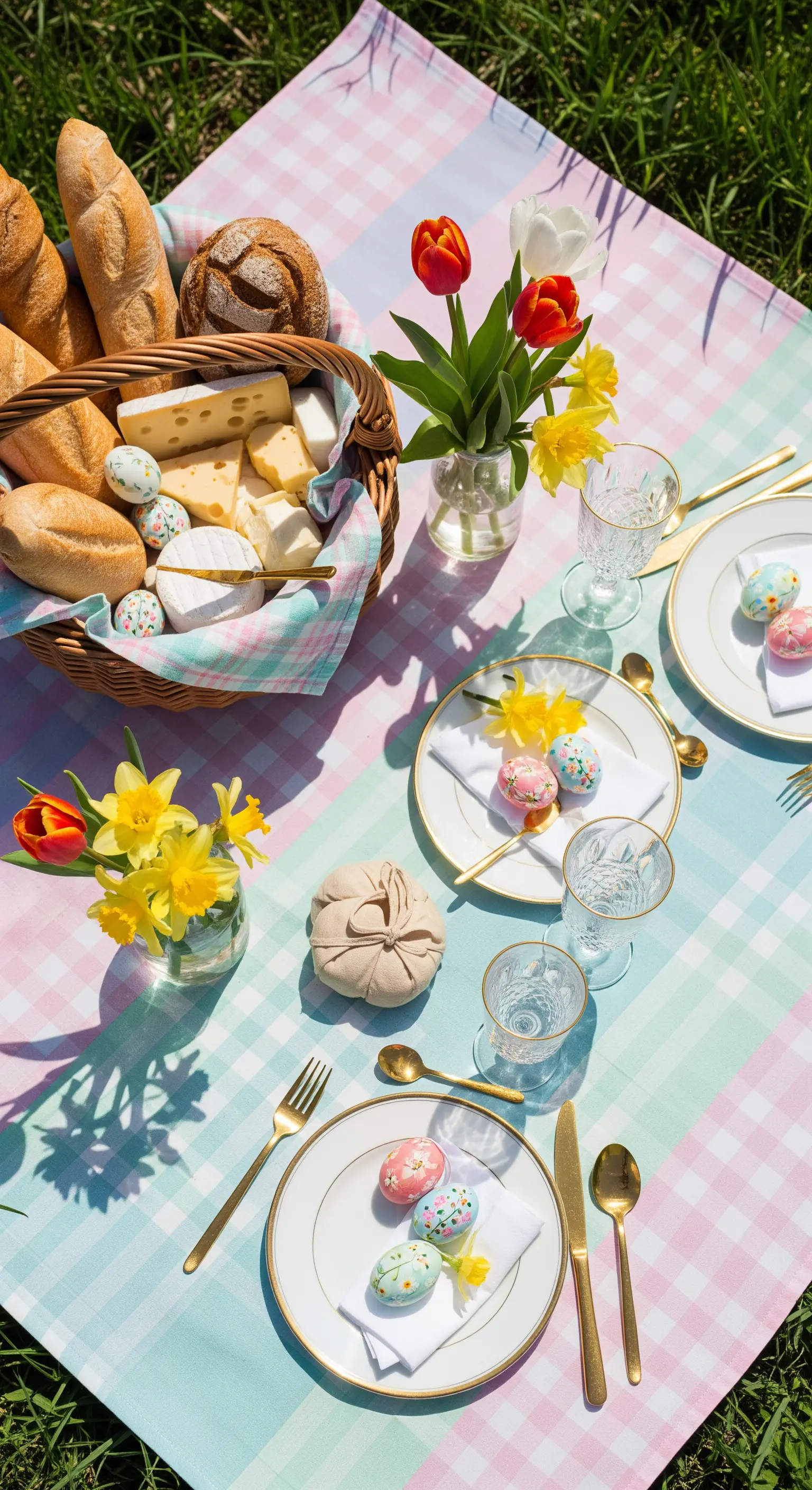 Picnic pasquale allestito su una tovaglia a quadri pastello con uova colorate e posate dorate.