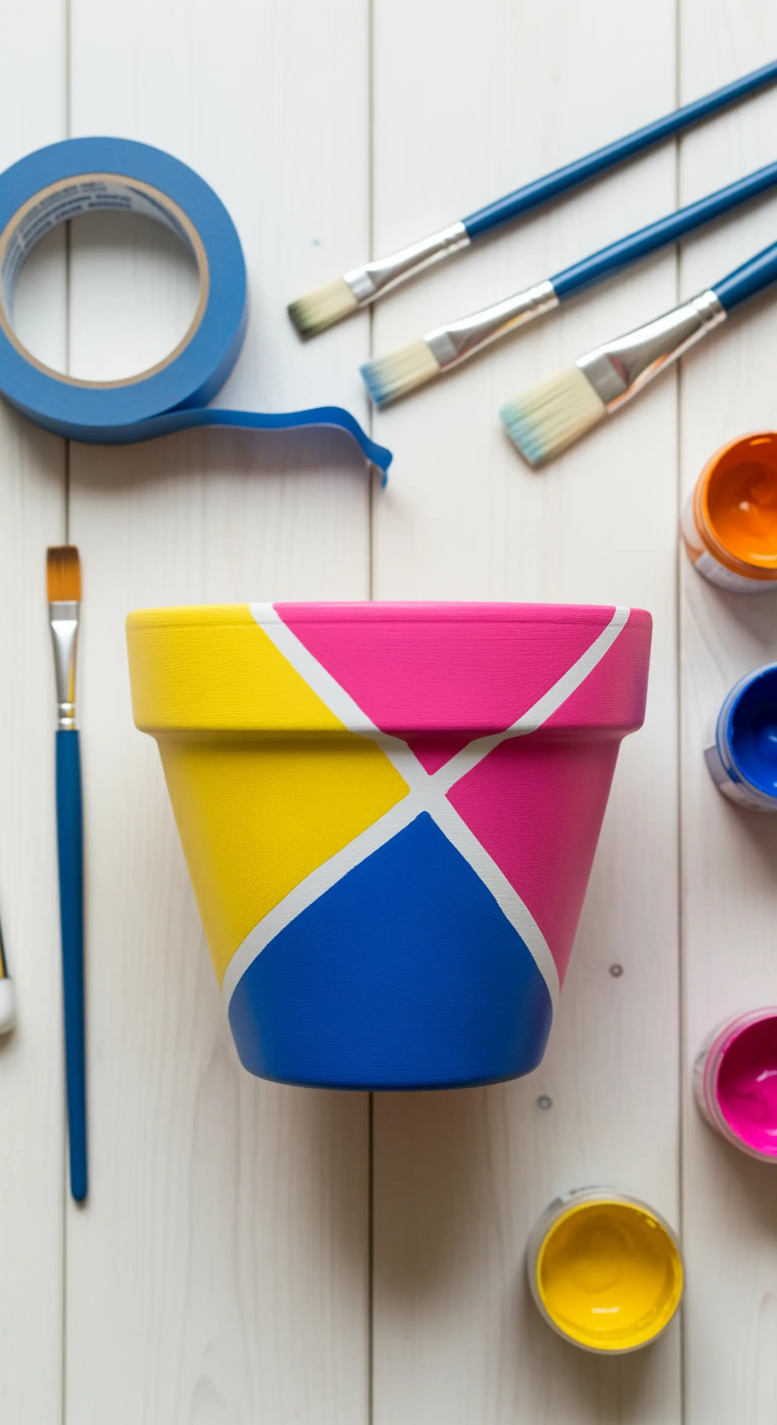 Vaso di terracotta dipinto con blocchi di colore fucsia, giallo e blu, separati da linee bianche.