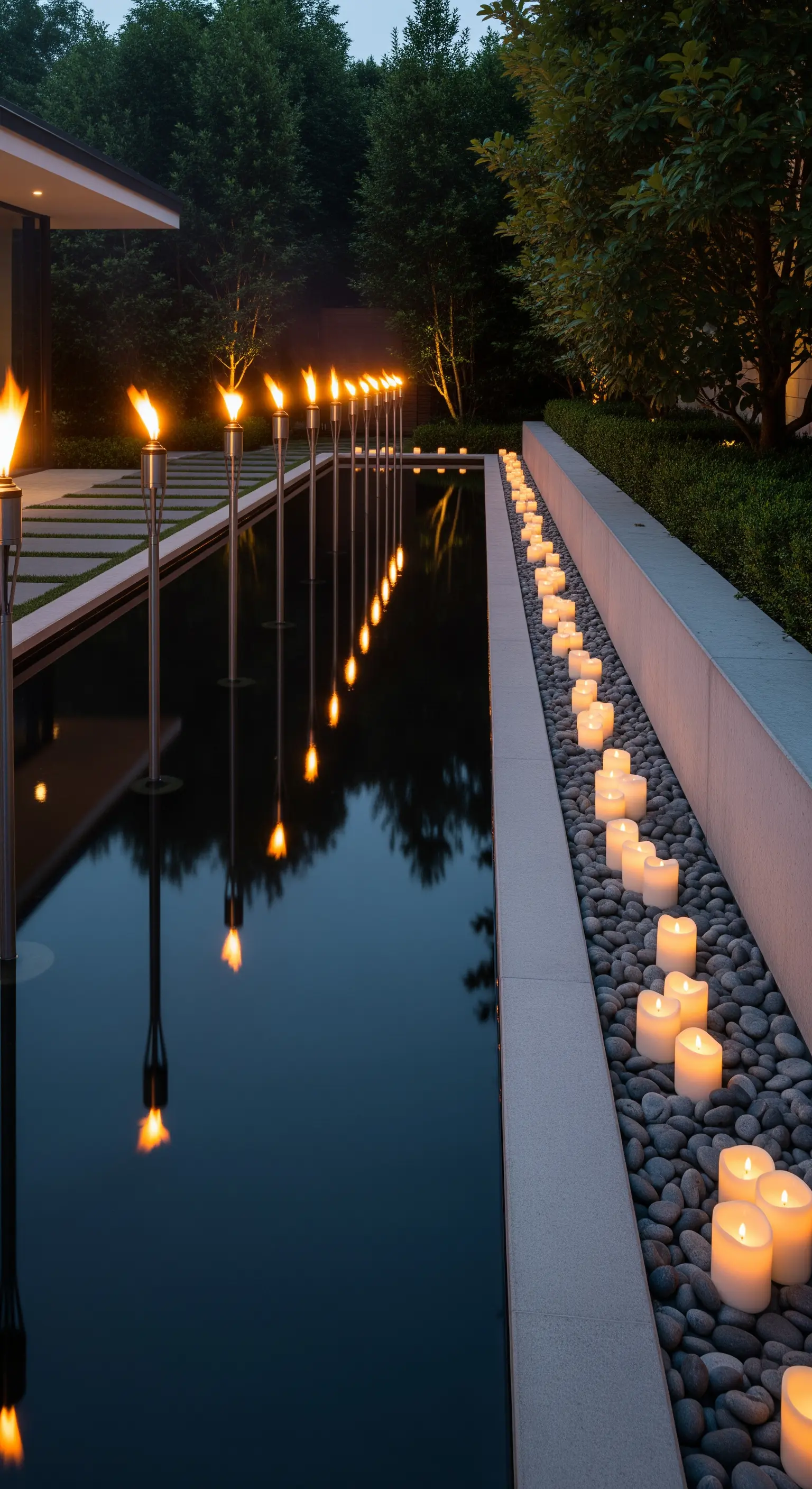 Vasca d'acqua rettangolare fiancheggiata da una fila di torce e una fila di candele.