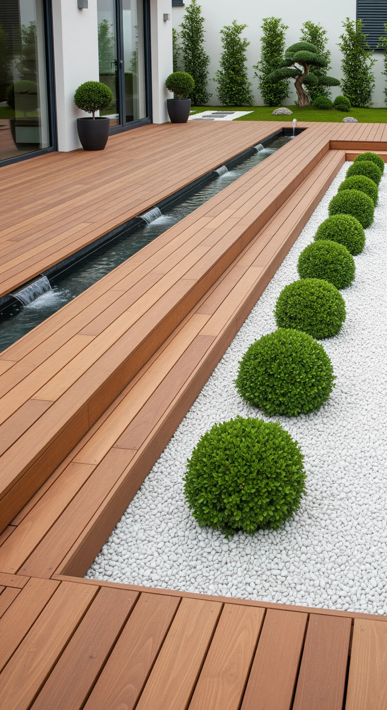 Deck in legno con canale d'acqua integrato, bordura di ciottoli bianchi e bossi a sfera