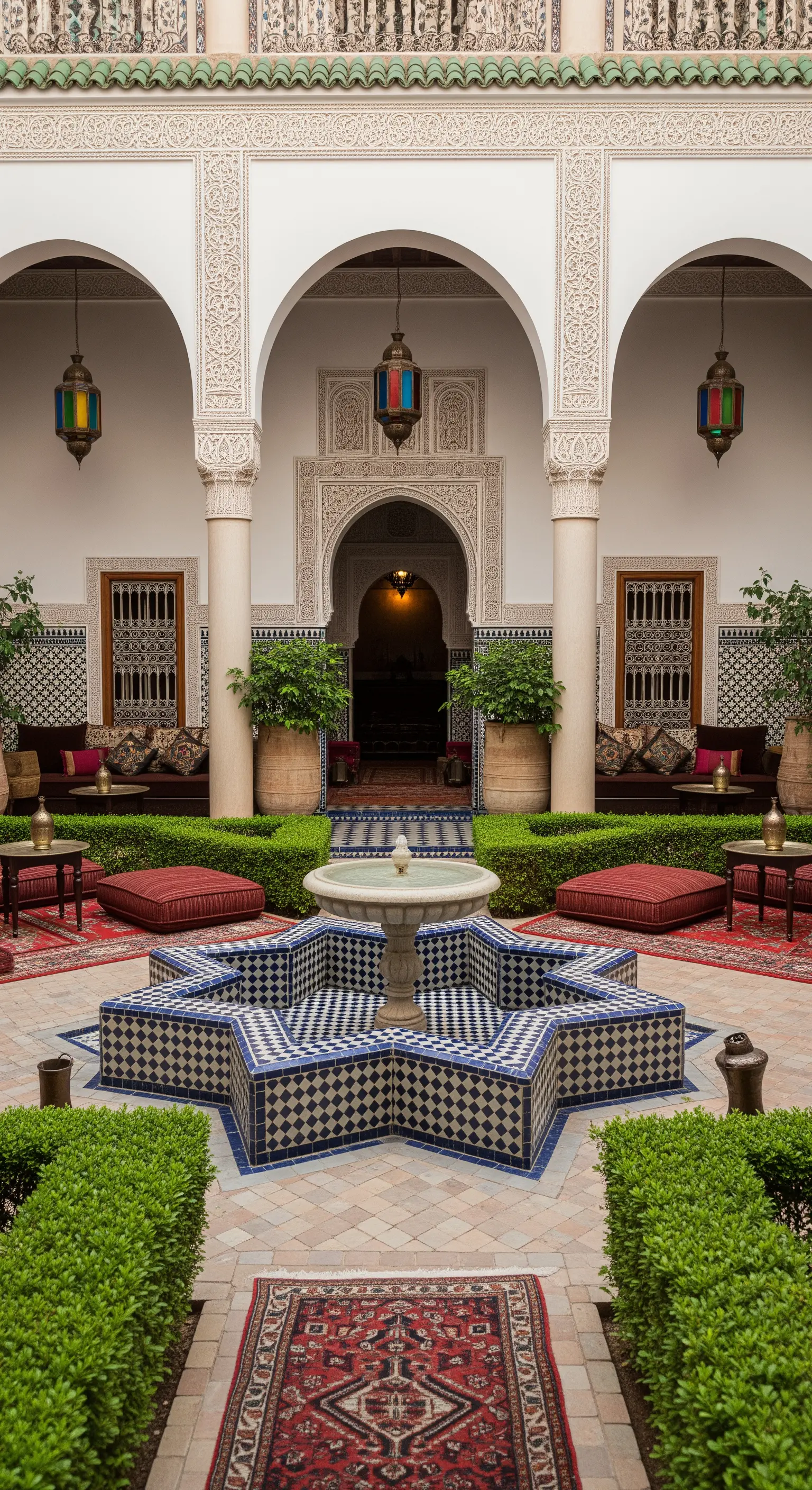Patio in stile marocchino con fontana a stella in mosaico, tappeti persiani e archi decorati.