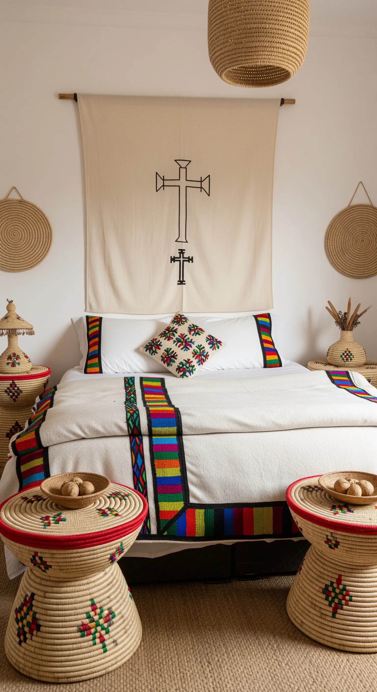 Letto con coperta bianca e bordi colorati, arazzo etiope e sgabelli in fibra naturale intrecciata.