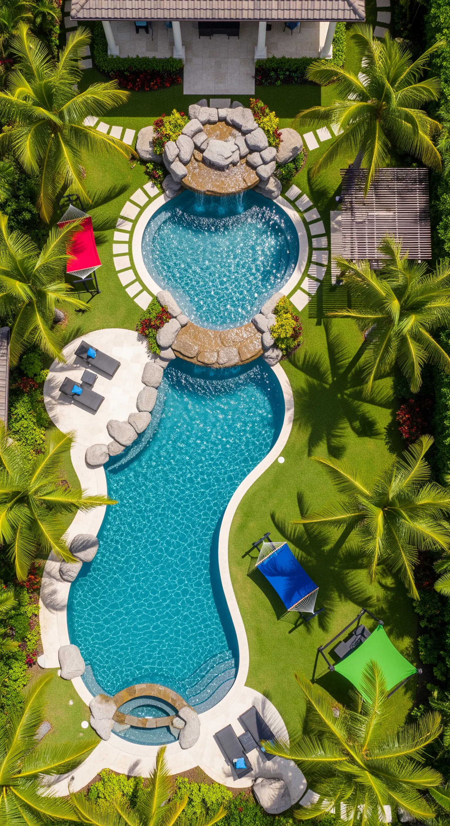 Vista aerea di una grande piscina a più livelli con cascate, circondata da prato, palme e amache colorate