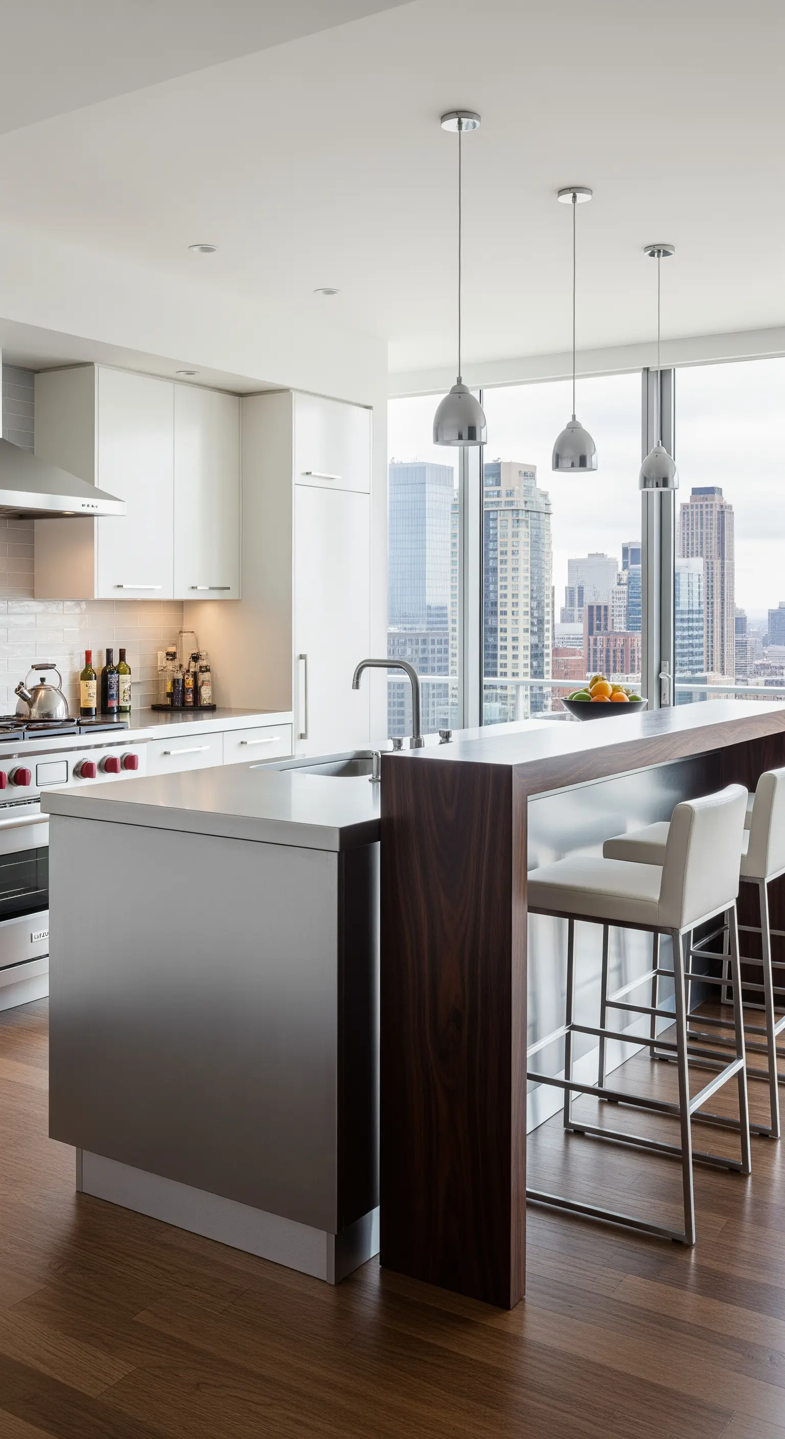 Isola da cucina moderna in acciaio e legno scuro con sgabelli bianchi e vista sulla città.