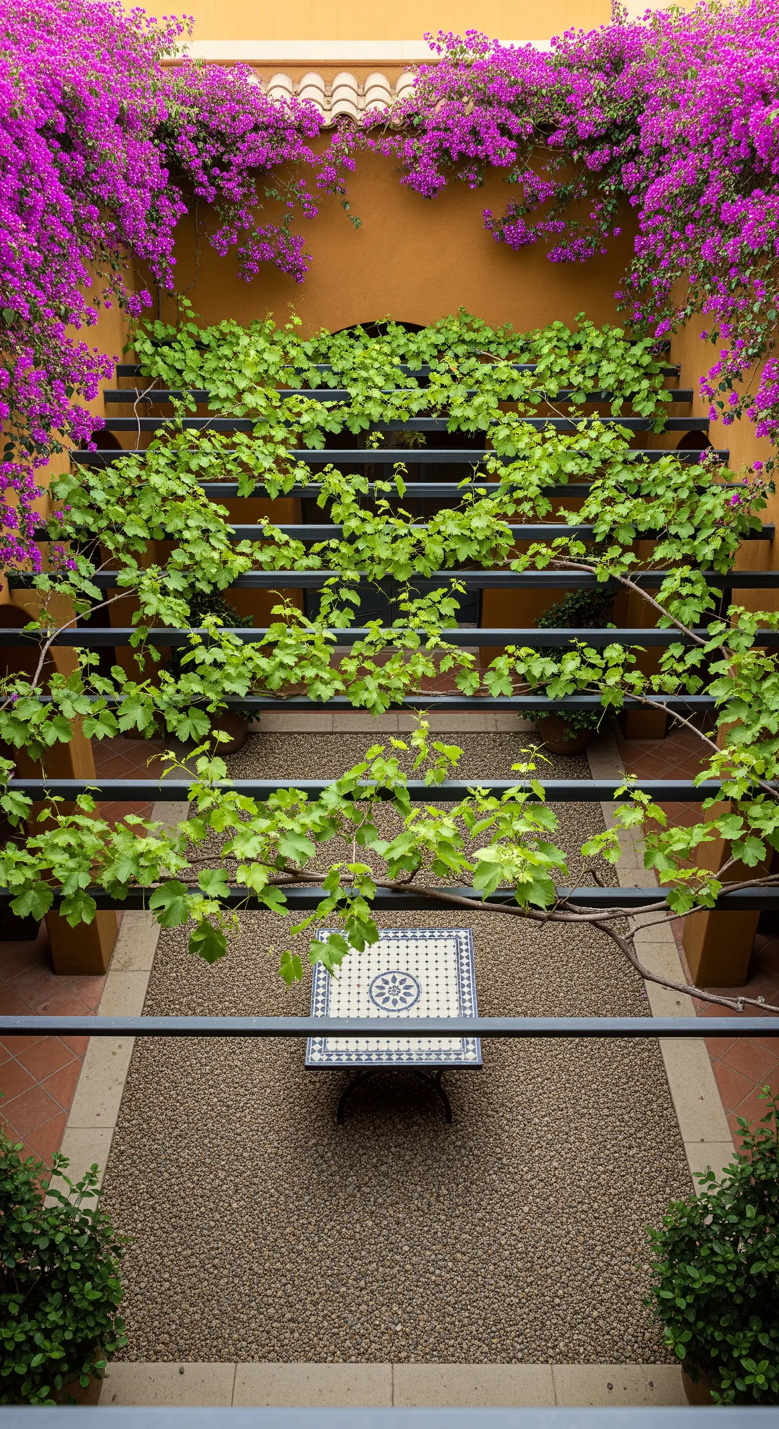 Cortile interno con pergolato geometrico ricoperto di vite e tavolo in mosaico.