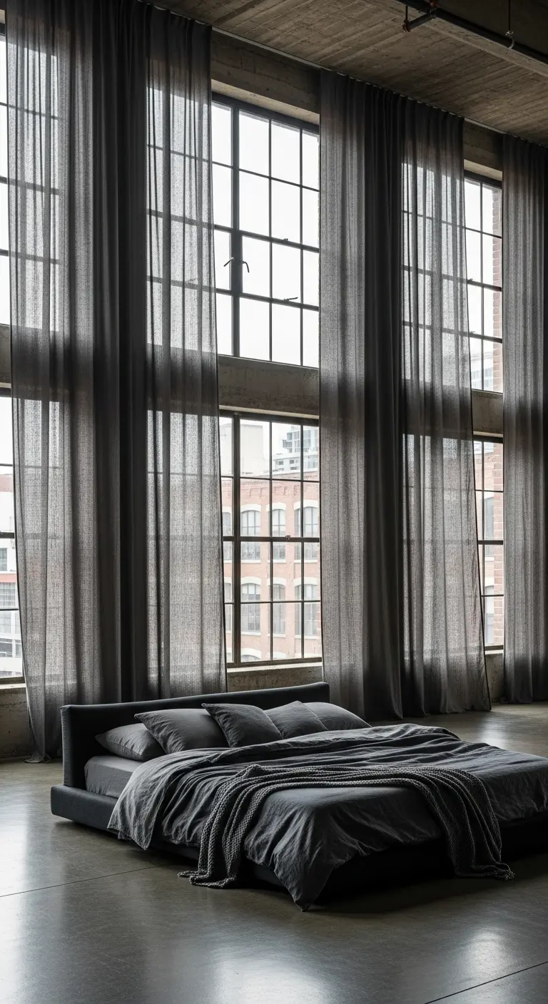 Loft industriale con letto basso e tende grigio scuro altissime che coprono finestre a tutta parete.