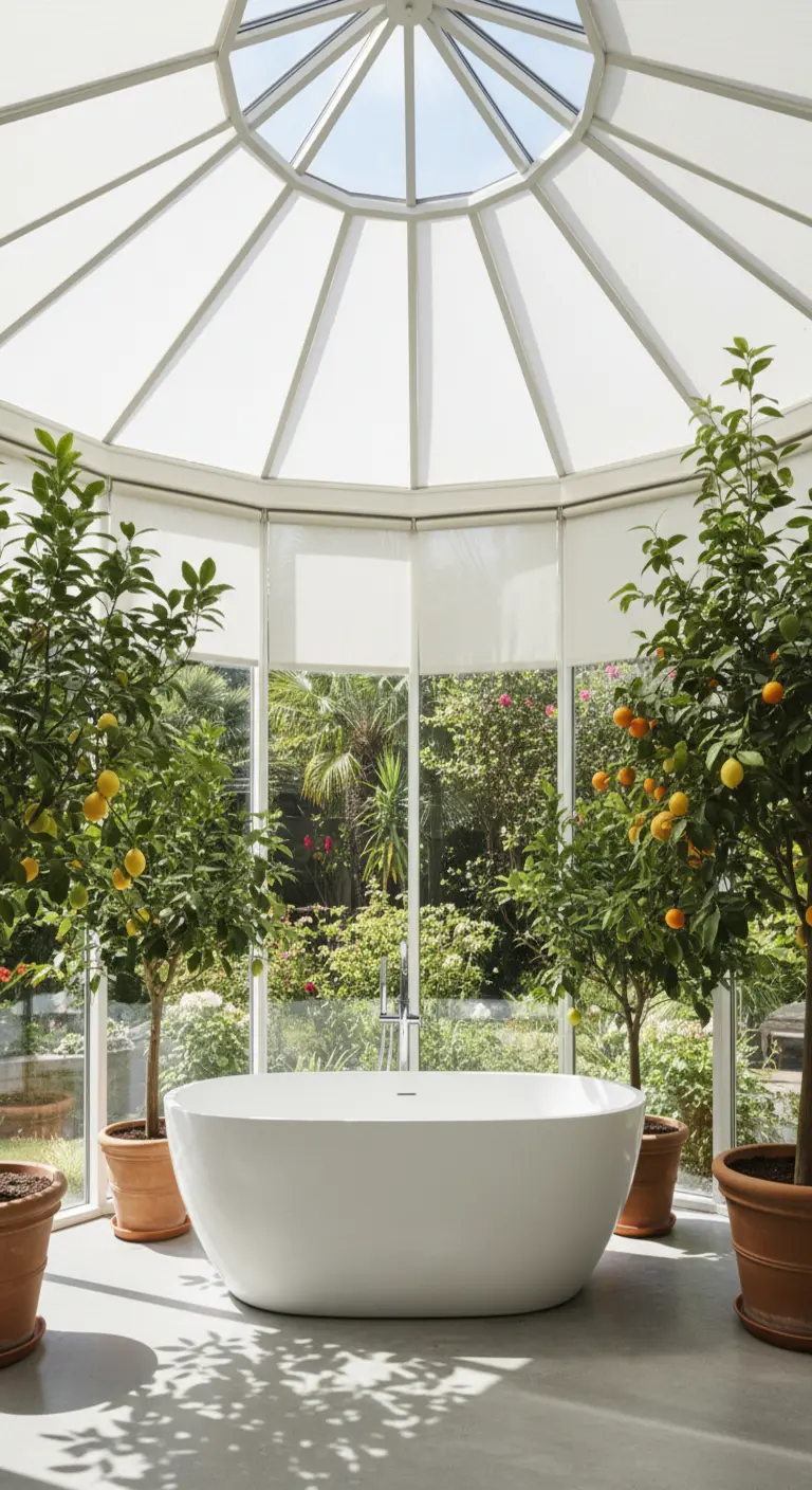 Vasca bianca posizionata in una serra vetrata con piante di agrumi e tende a rullo bianche.