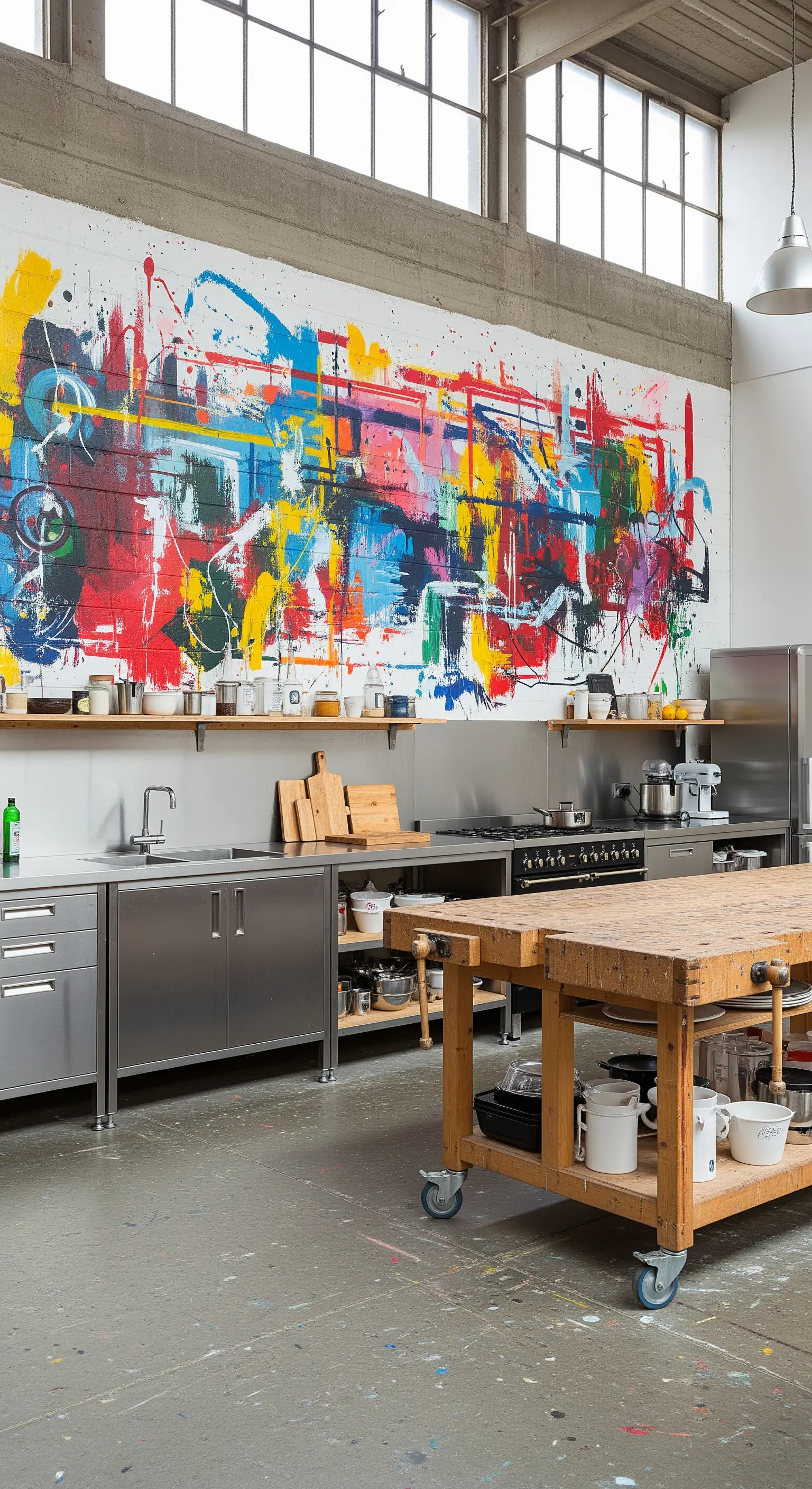 Cucina industriale con un grande murale astratto e colorato su una parete grezza.