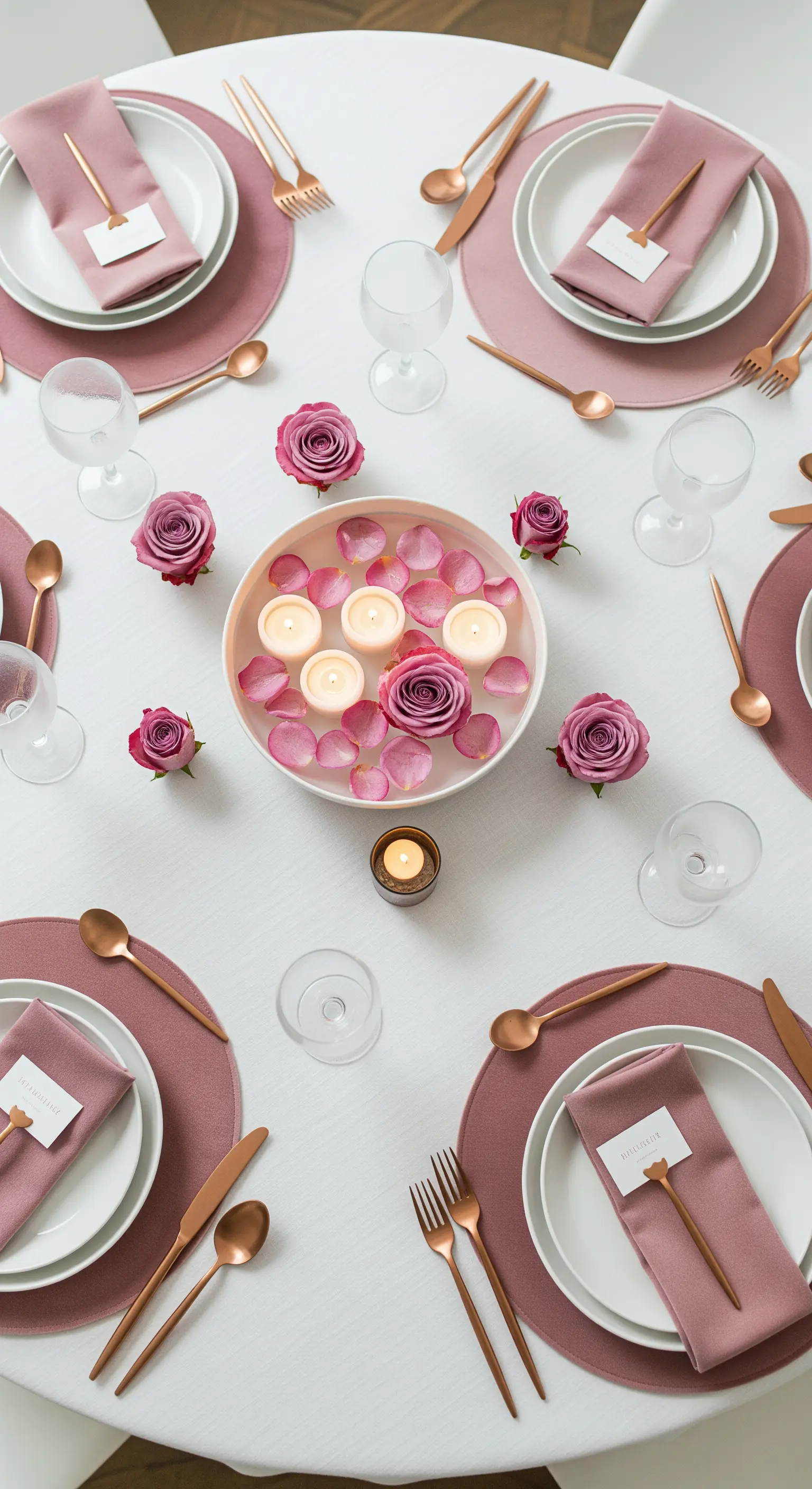 Tavola con tovaglioli rosa antico, posate in rame e centrotavola con candele galleggianti.