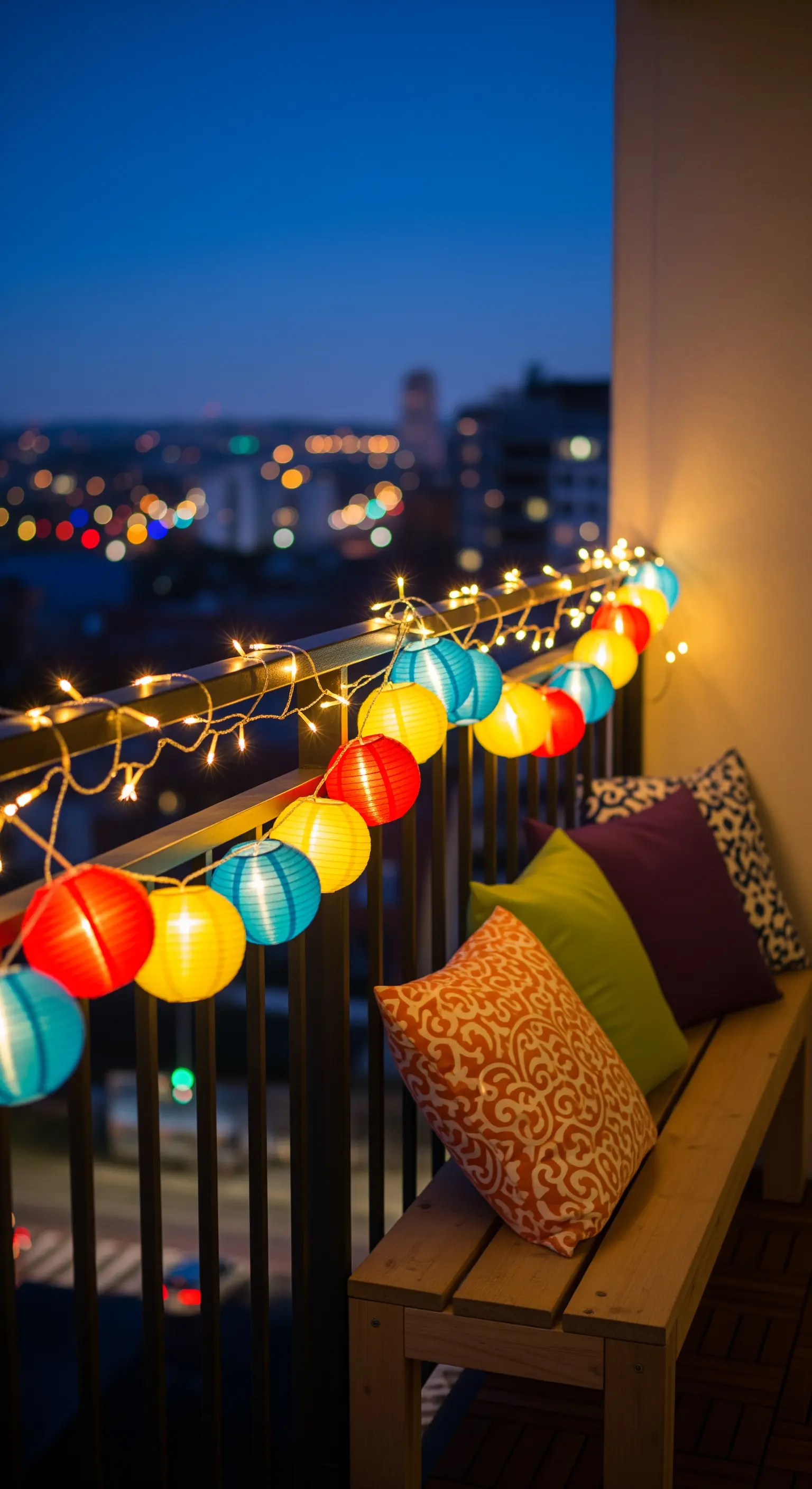Ringhiera di un balcone decorata con un filo di luci e piccole lanterne di carta colorate