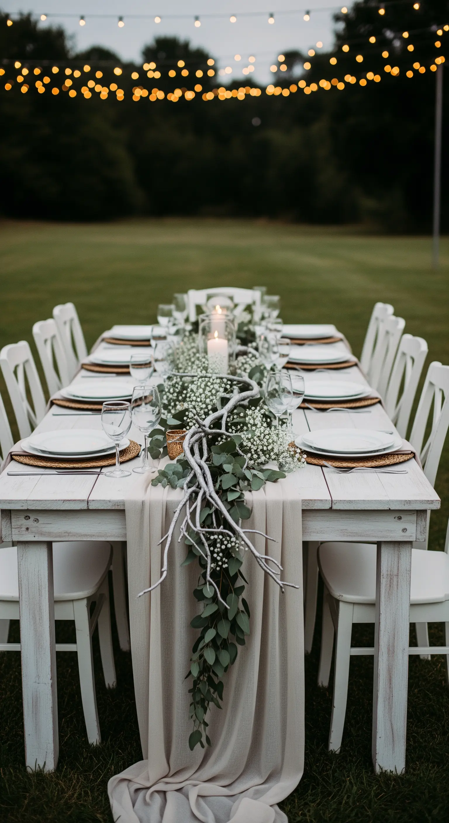Tavola bianca elegante con un lungo runner di eucalipto e fiori bianchi.