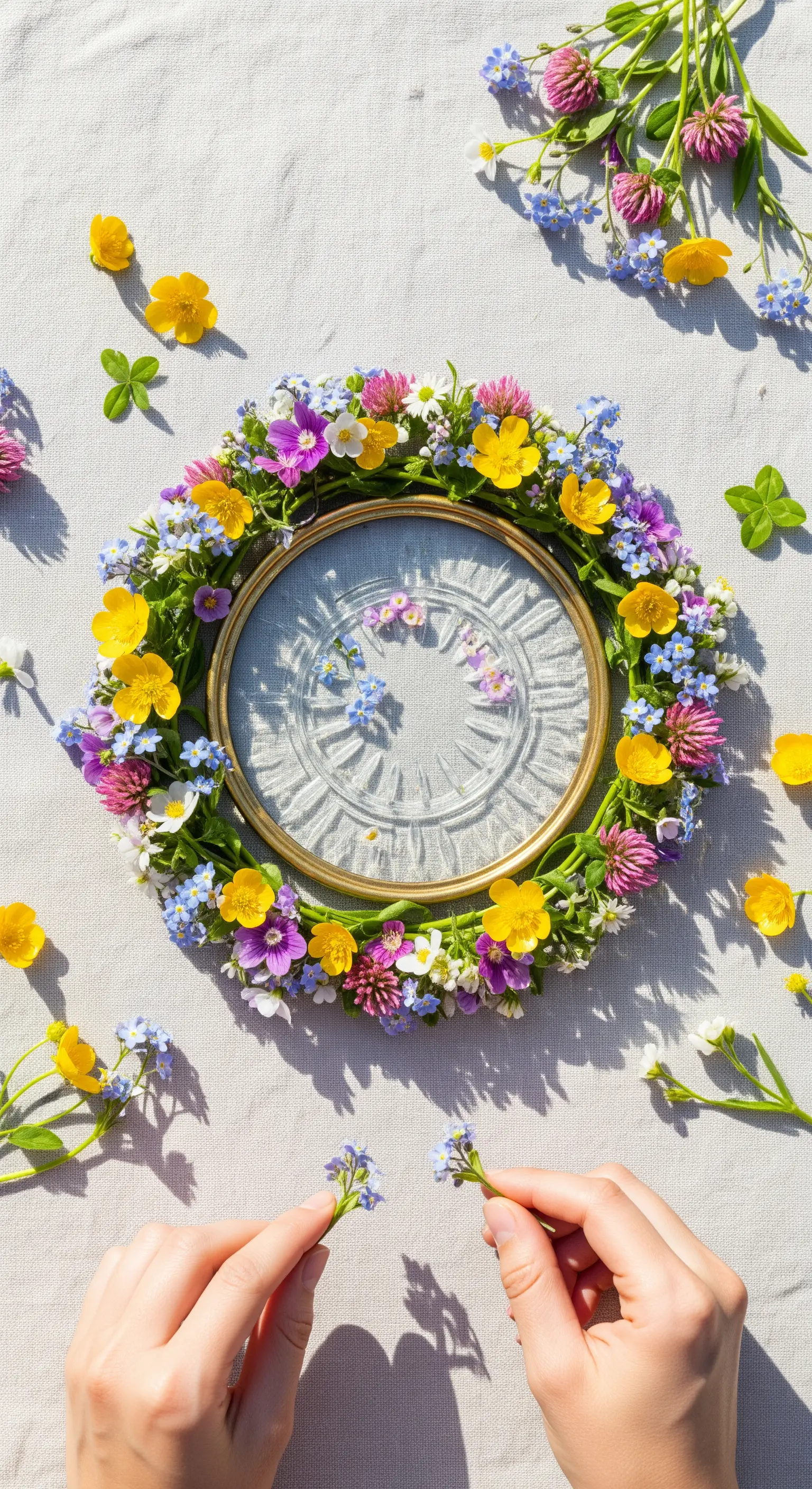 Mani che compongono una ghirlanda di fiori di campo su un telaio da ricamo.
