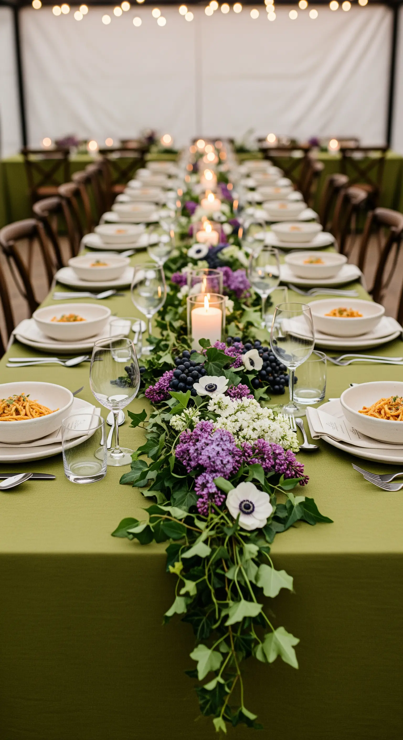 Lunga tavola verde con una ghirlanda di fiori e foglie come centrotavola e candele accese.