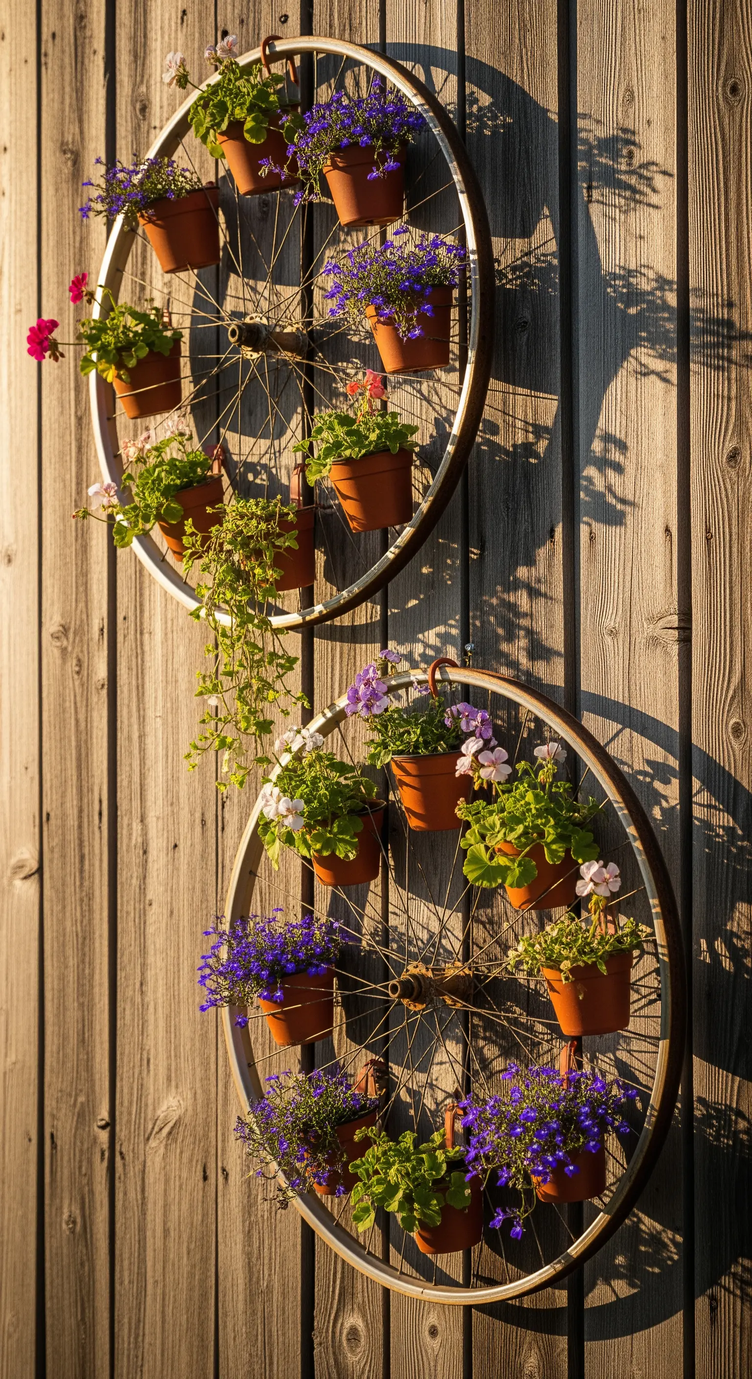 Due ruote di bicicletta appese a una parete di legno, usate come supporto per vasi di fiori.