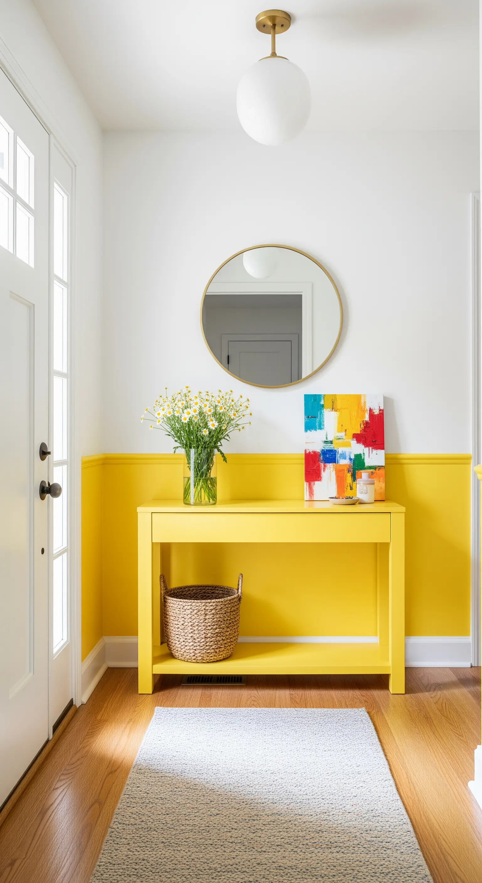 Ingresso luminoso con boiserie e consolle dipinte di giallo limone acceso.