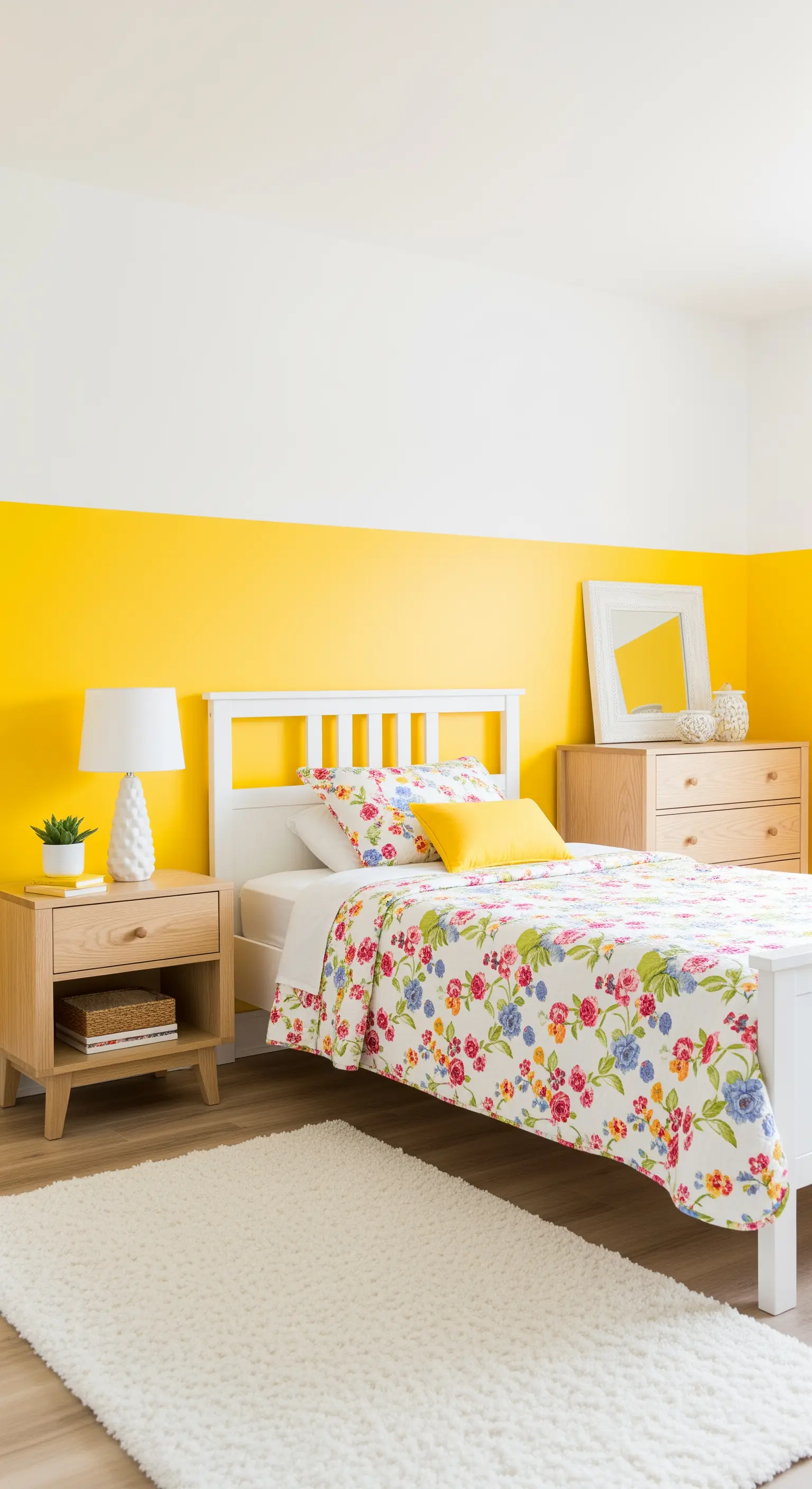 Camera da letto solare con parete gialla e bianca, e arredi in legno chiaro.