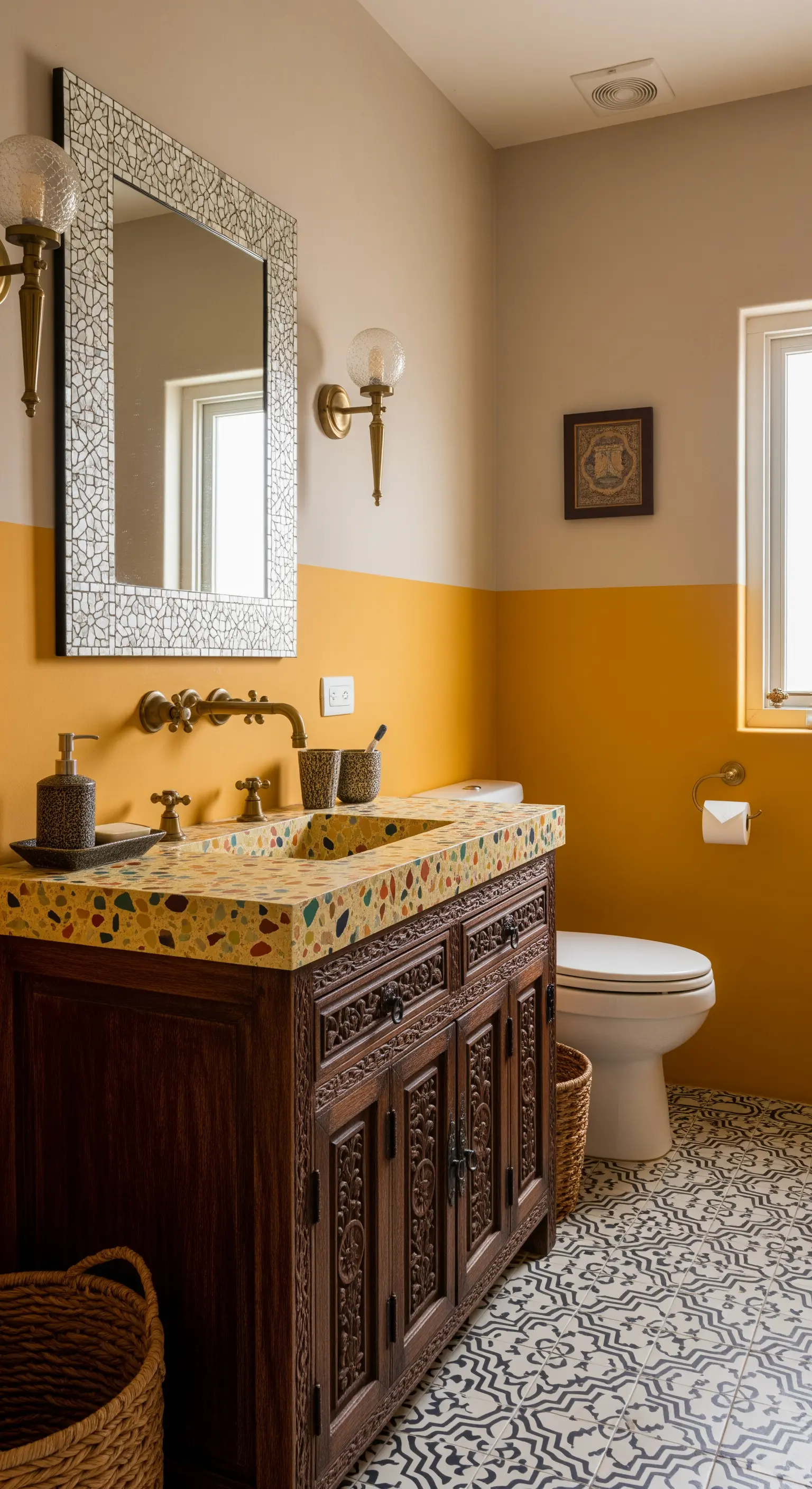 Bagno eclettico con parete giallo senape, mobile in legno intagliato e top in terrazzo.