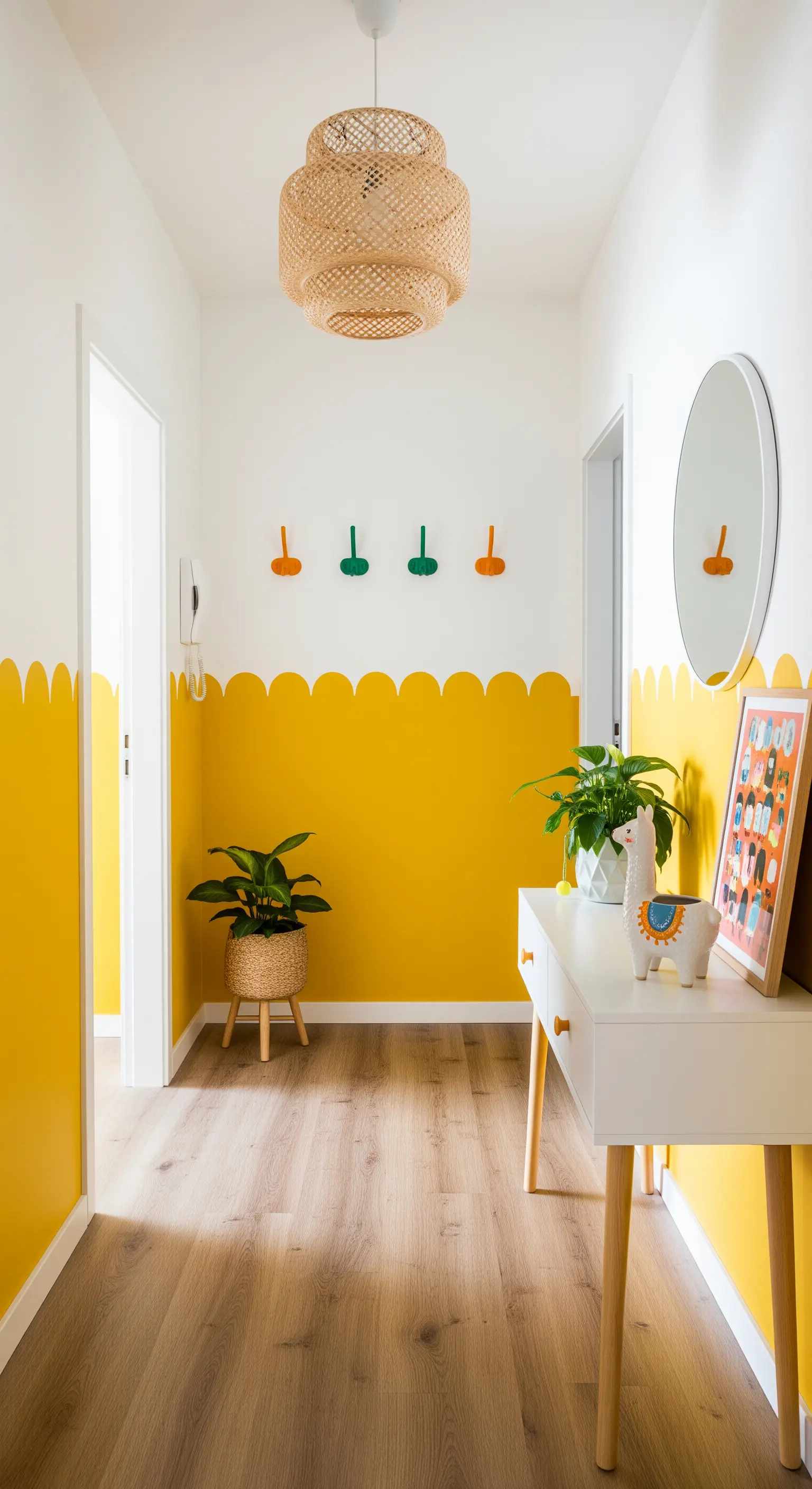 Ingresso per bambini con parete gialla dal bordo smerlato e dettagli colorati.