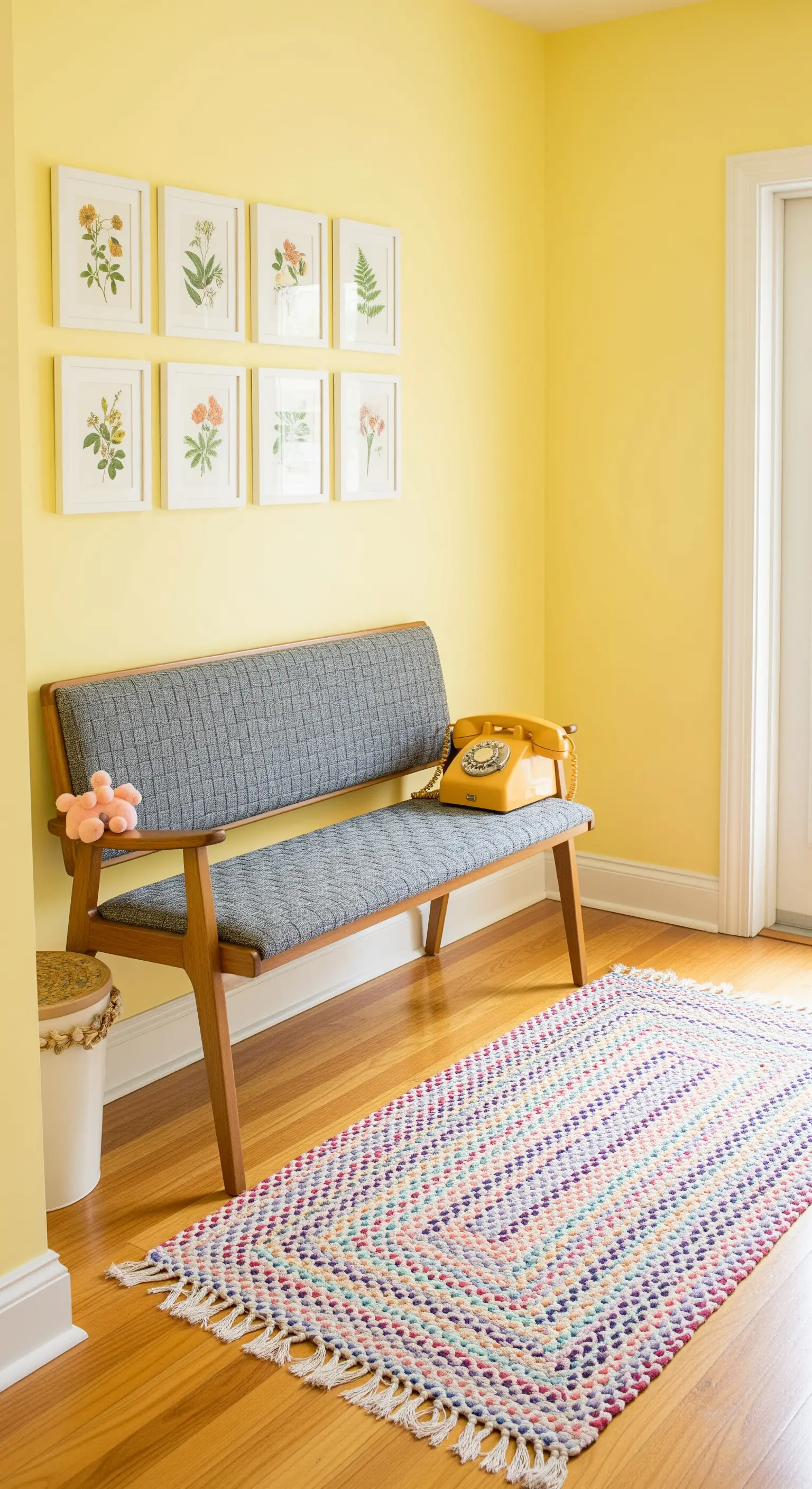 Ingresso giallo con panca grigia, telefono vintage e tappeto colorato.