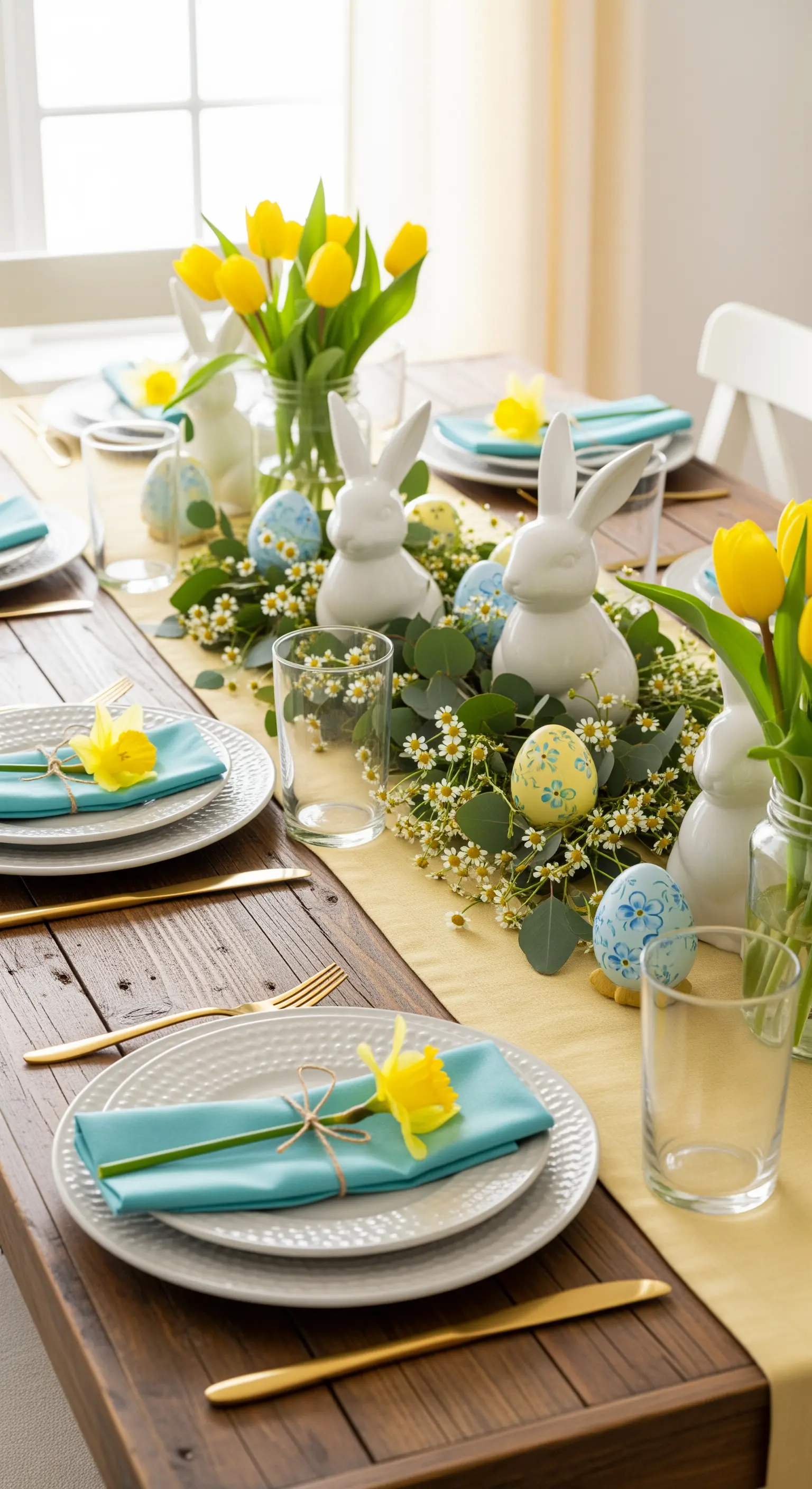 Tavola pasquale con runner giallo, tovaglioli turchesi, tulipani gialli e coniglietti bianchi