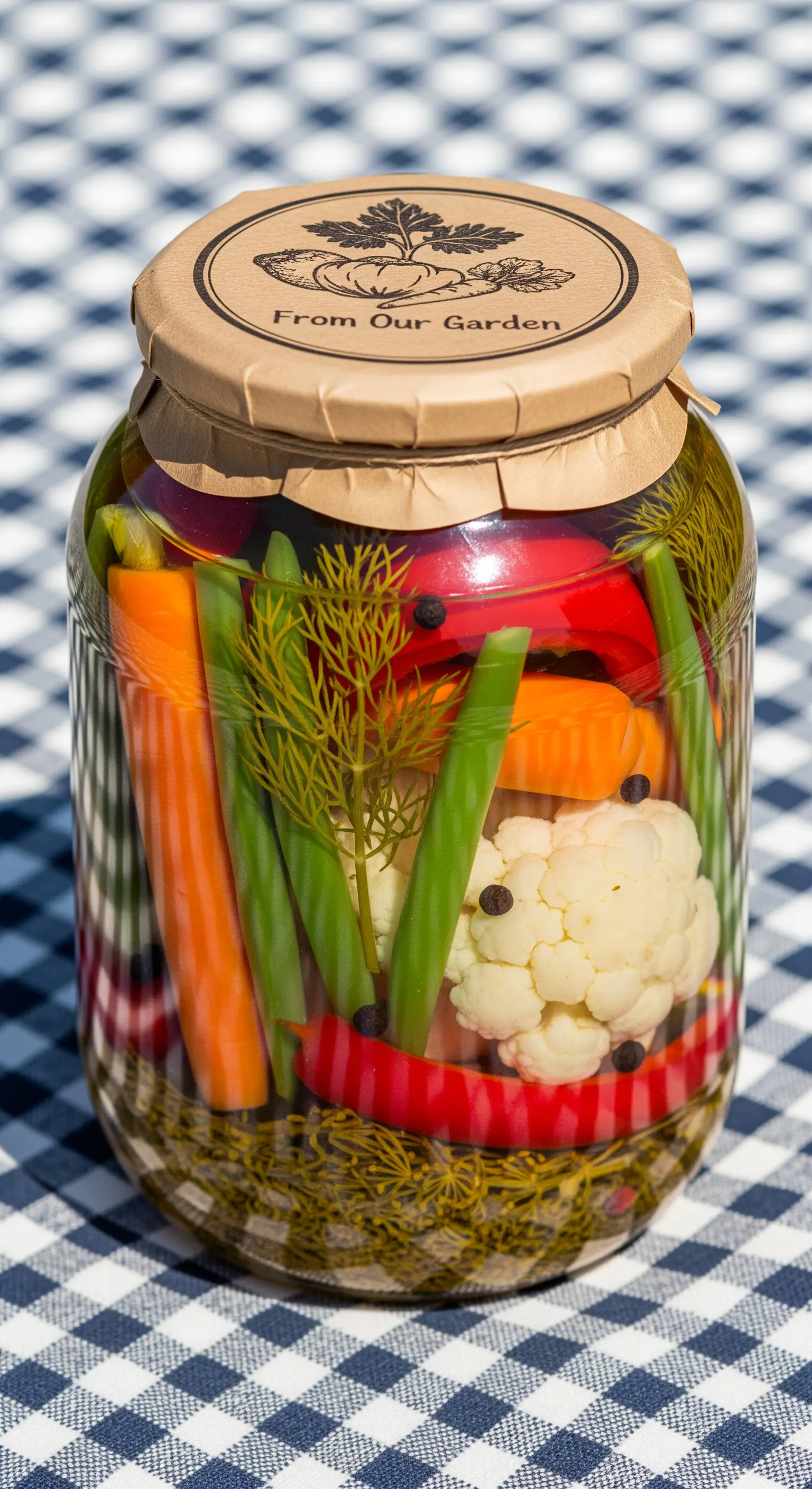 Barattolo di verdure sottaceto fatte in casa su una tovaglia a quadri blu e bianca.