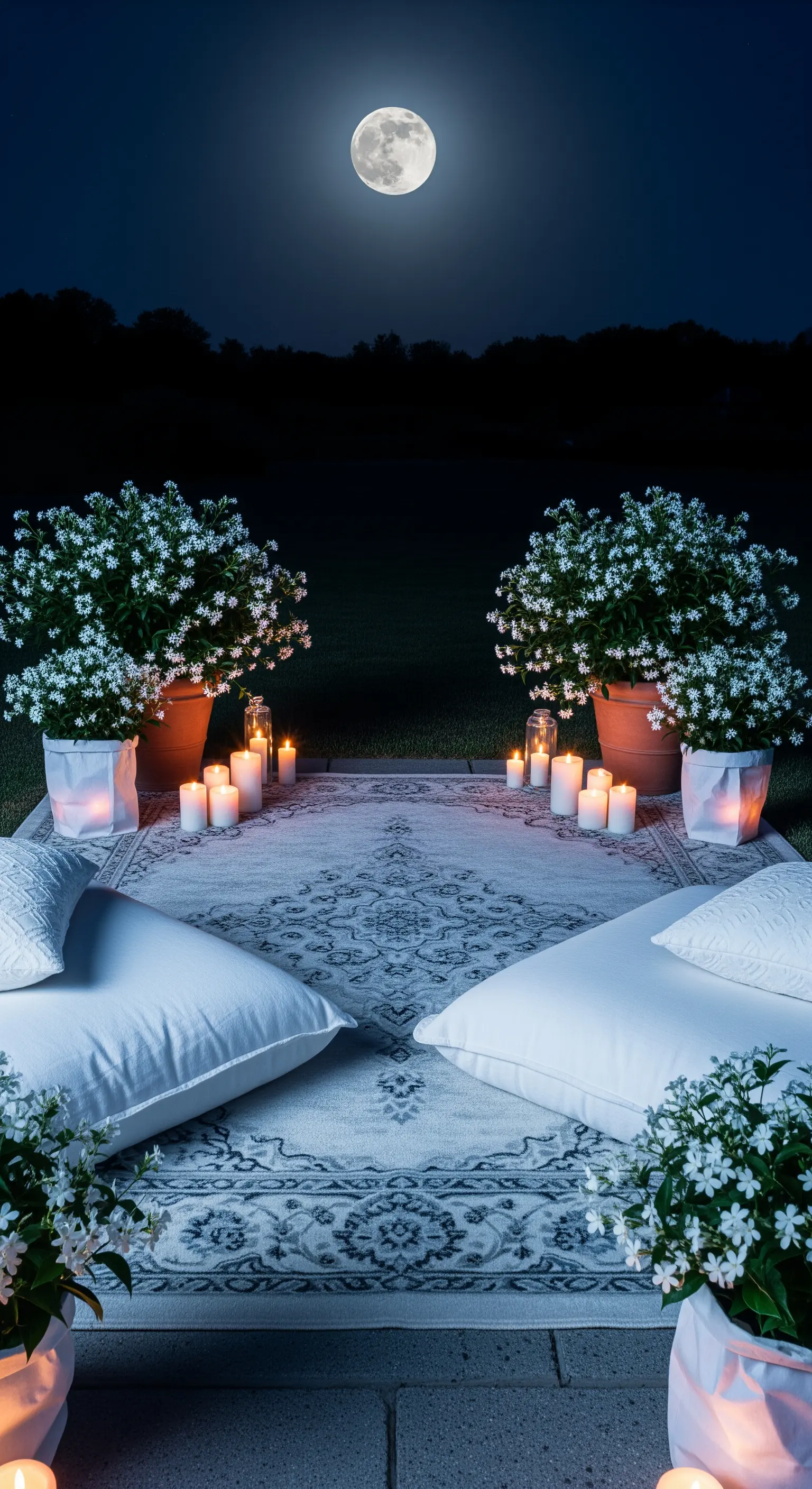 Allestimento notturno in giardino con tappeto chiaro, cuscini bianchi e fiori bianchi illuminati dalla luna.