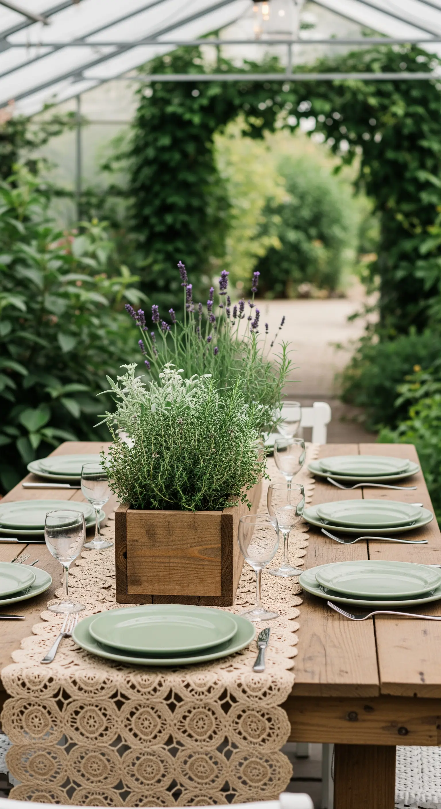 Tavola in giardino con centrotavola di erbe aromatiche in una cassetta di legno.