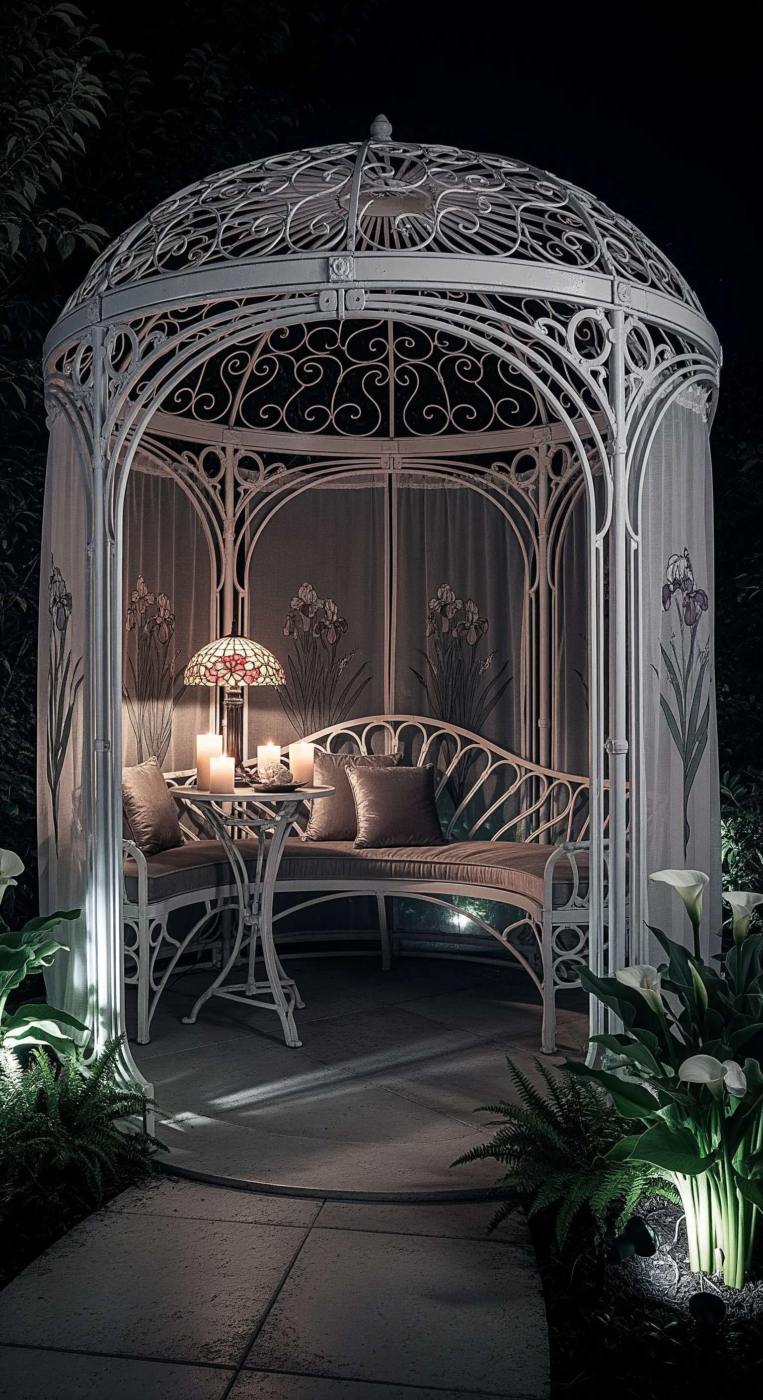 Gazebo in ferro battuto Art Nouveau illuminato di notte, con lampada Tiffany e cuscini di raso.