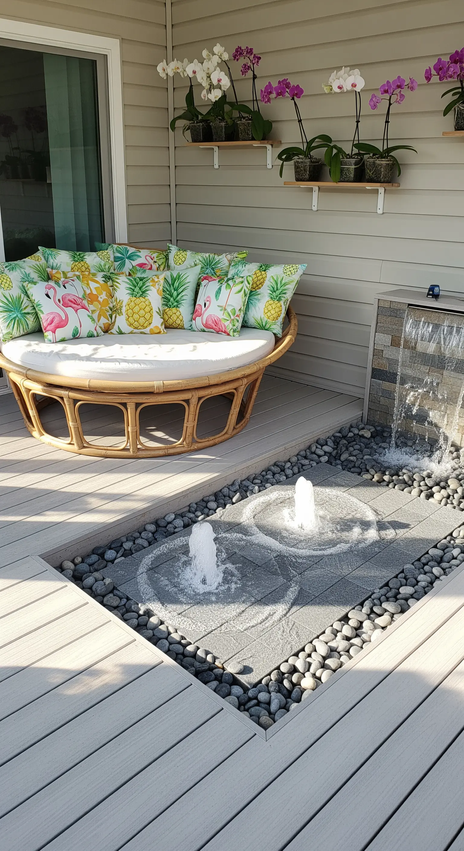Deck moderno con daybed rotondo e un'area incassata con fontane a zampillo e ciottoli.