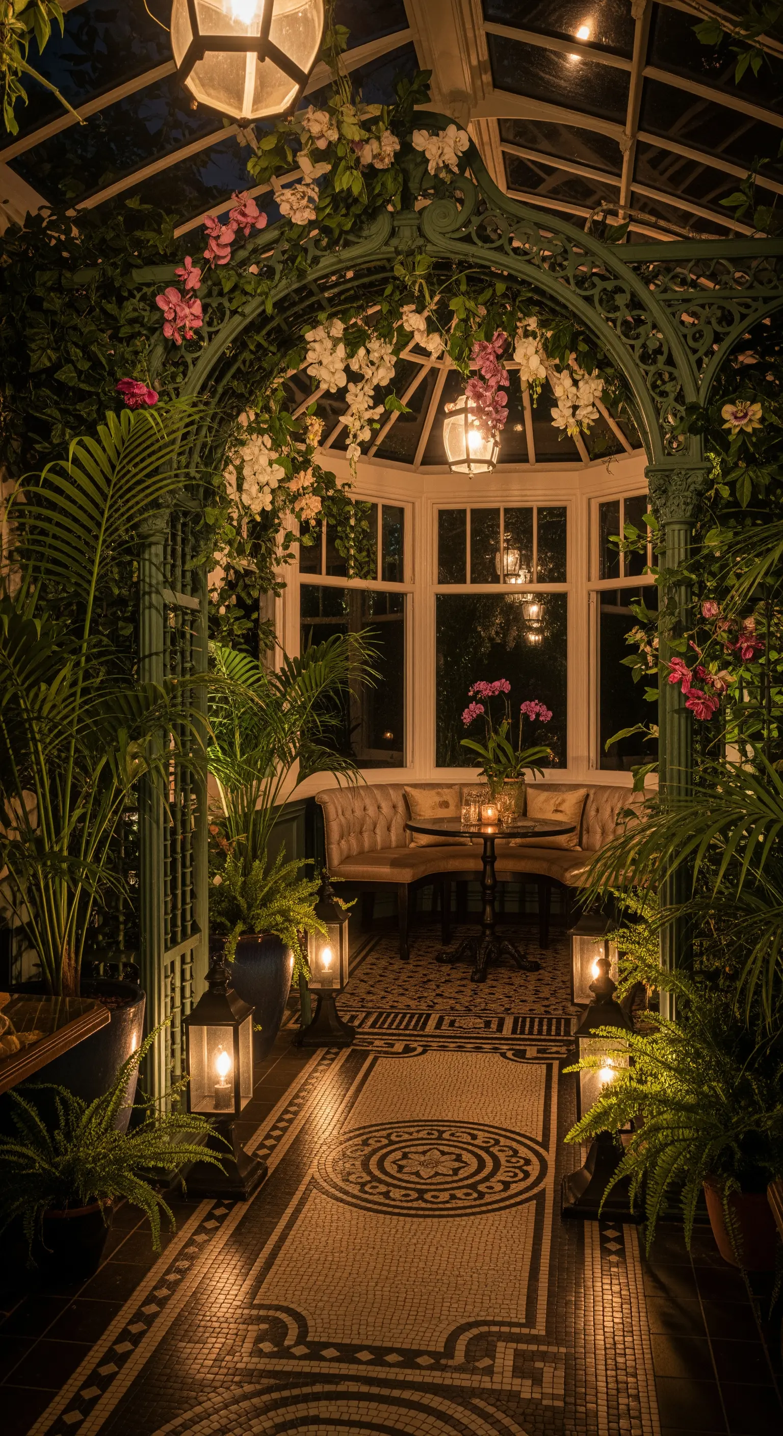 Interno di una veranda in stile vittoriano con piante, lanterne e una zona salotto intima.