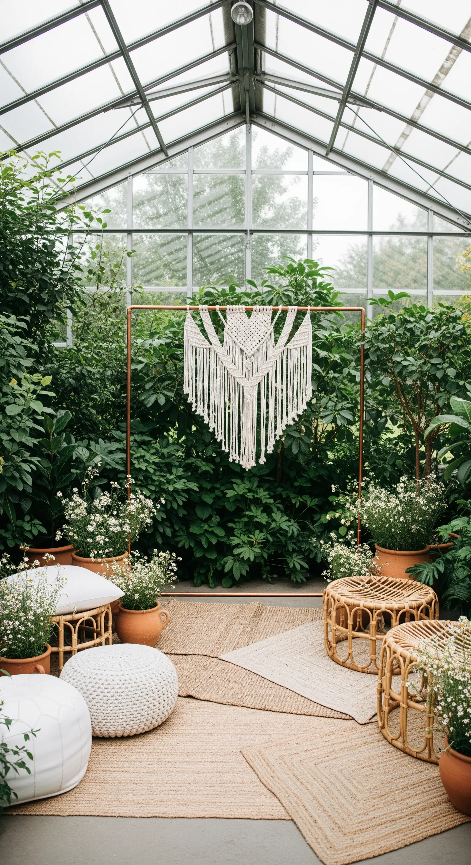 Allestimento boho in una serra con arazzo in macramè, mobili in rattan e piante.
