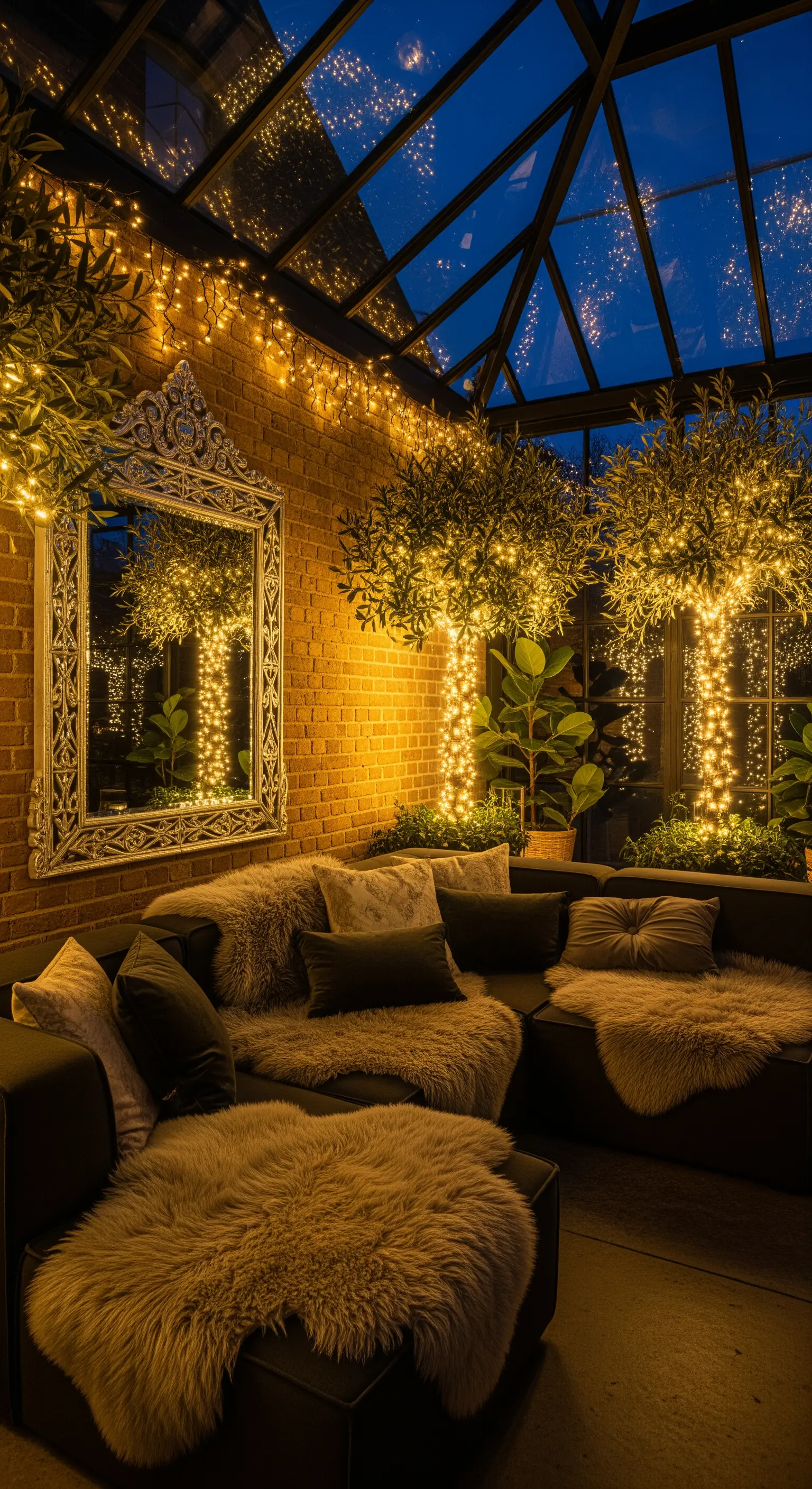 Veranda accogliente con divano, coperte di pelliccia e alberi illuminati da lucine.