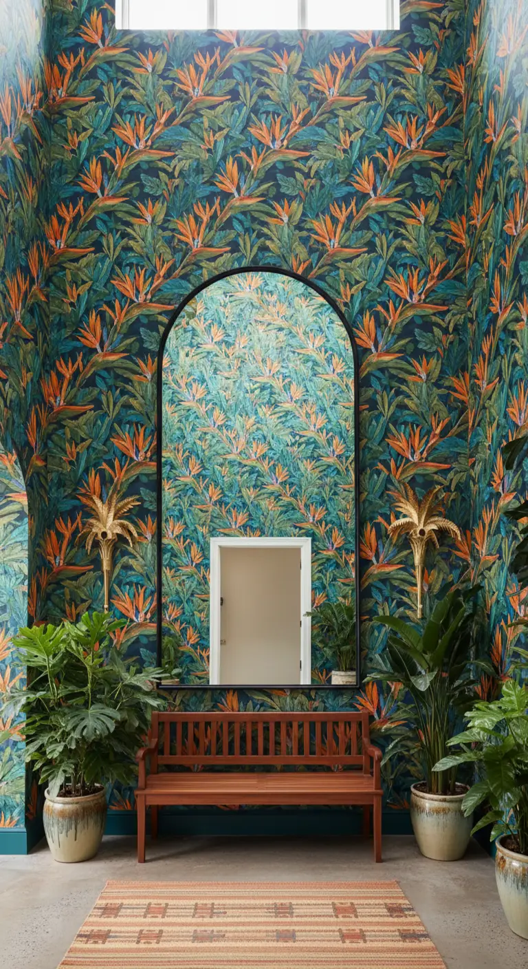 Ingresso rivestito con carta da parati a tema giungla e un grande specchio ad arco.