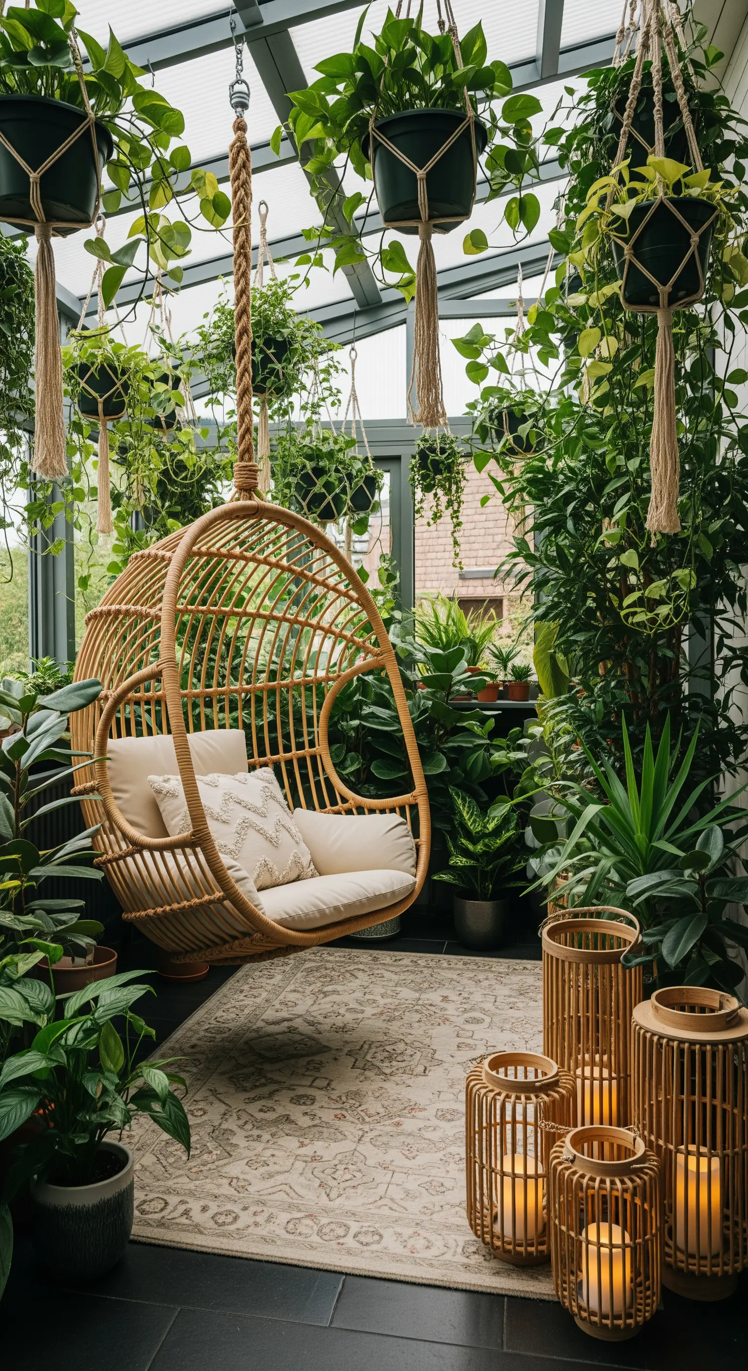 Poltrona sospesa in rattan in una serra circondata da piante lussureggianti.