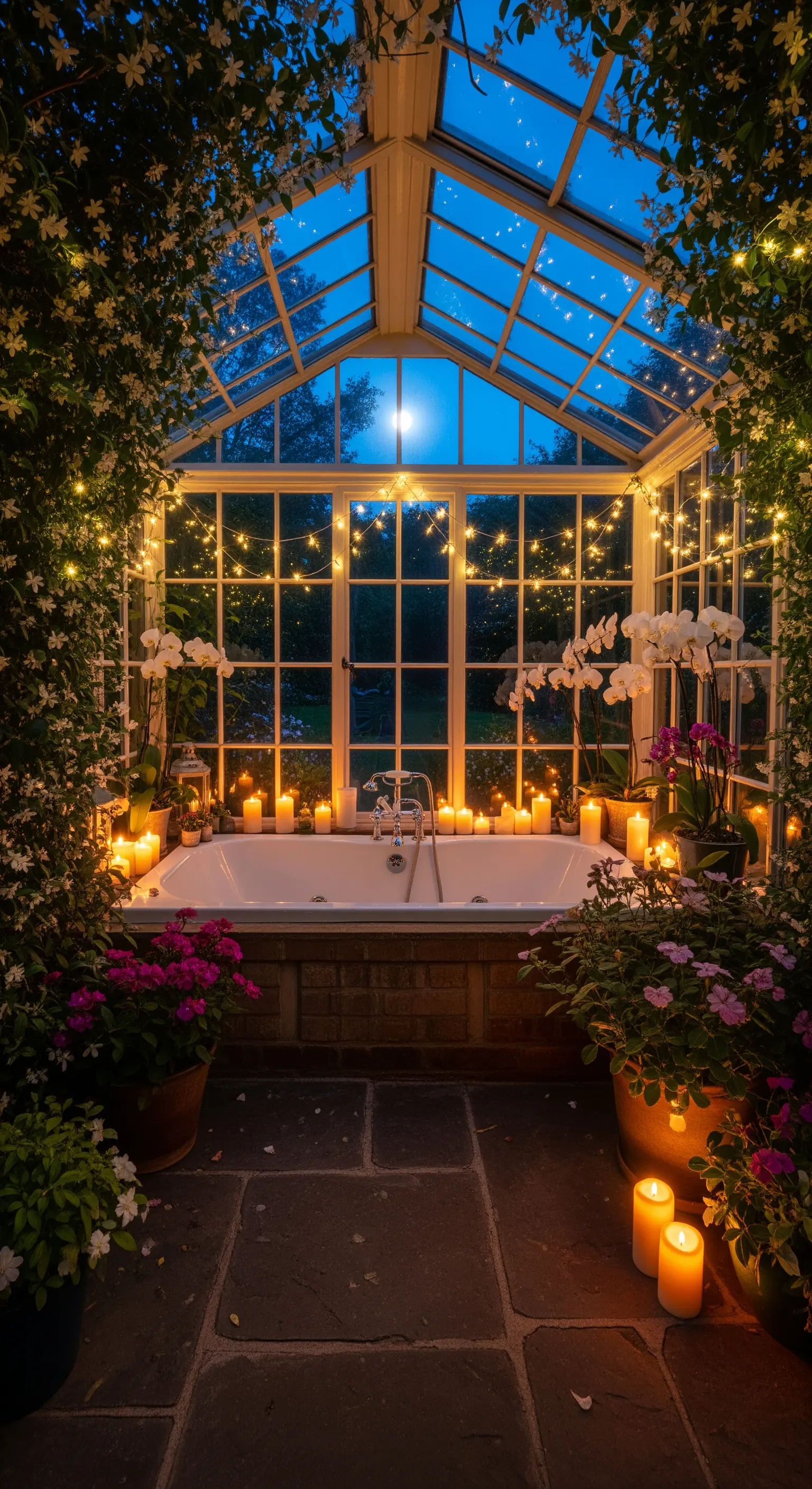 Vasca da bagno in una serra di vetro di notte, illuminata da lucine e candele.
