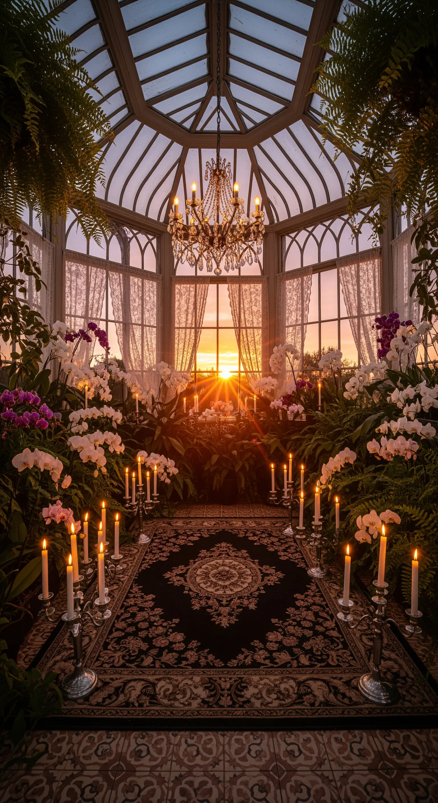 Serra in vetro con lampadario di cristallo, orchidee, candelabri e un elegante tappeto persiano.