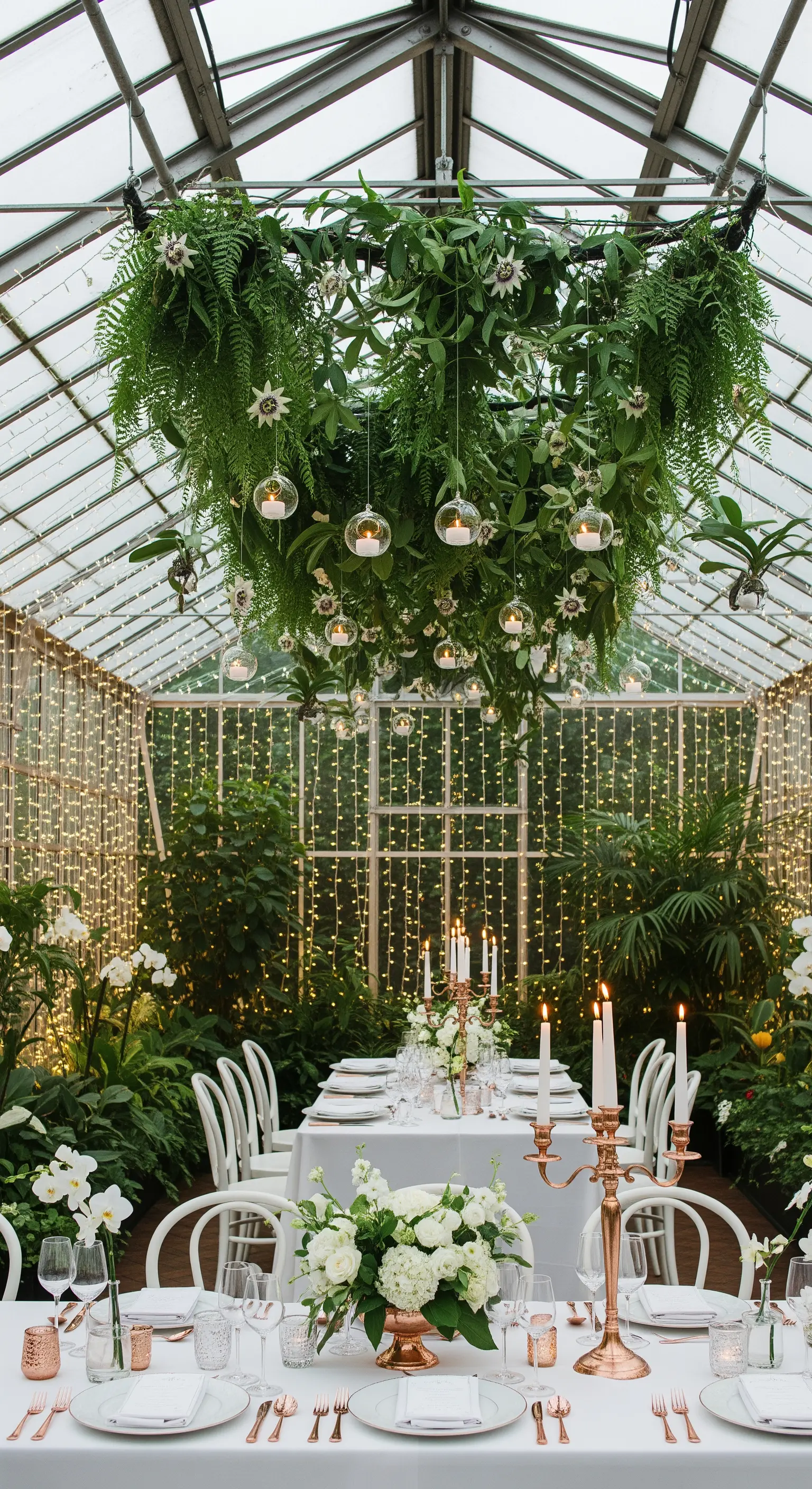 Tavola in una serra con un'installazione di verde sospesa e candele in sfere di vetro.