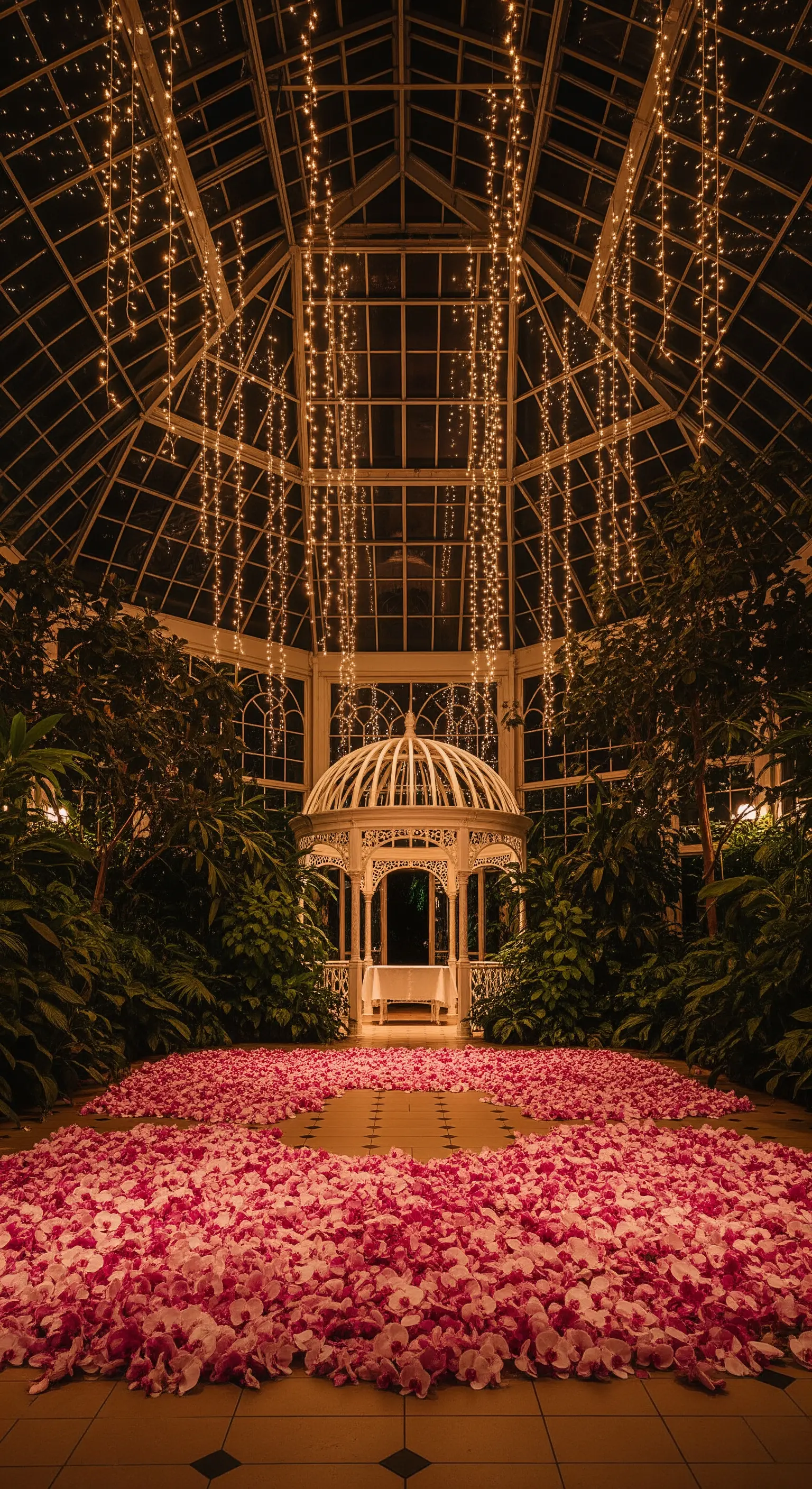 Serra di notte con gazebo bianco, luci a cascata dal soffitto e petali di orchidea.