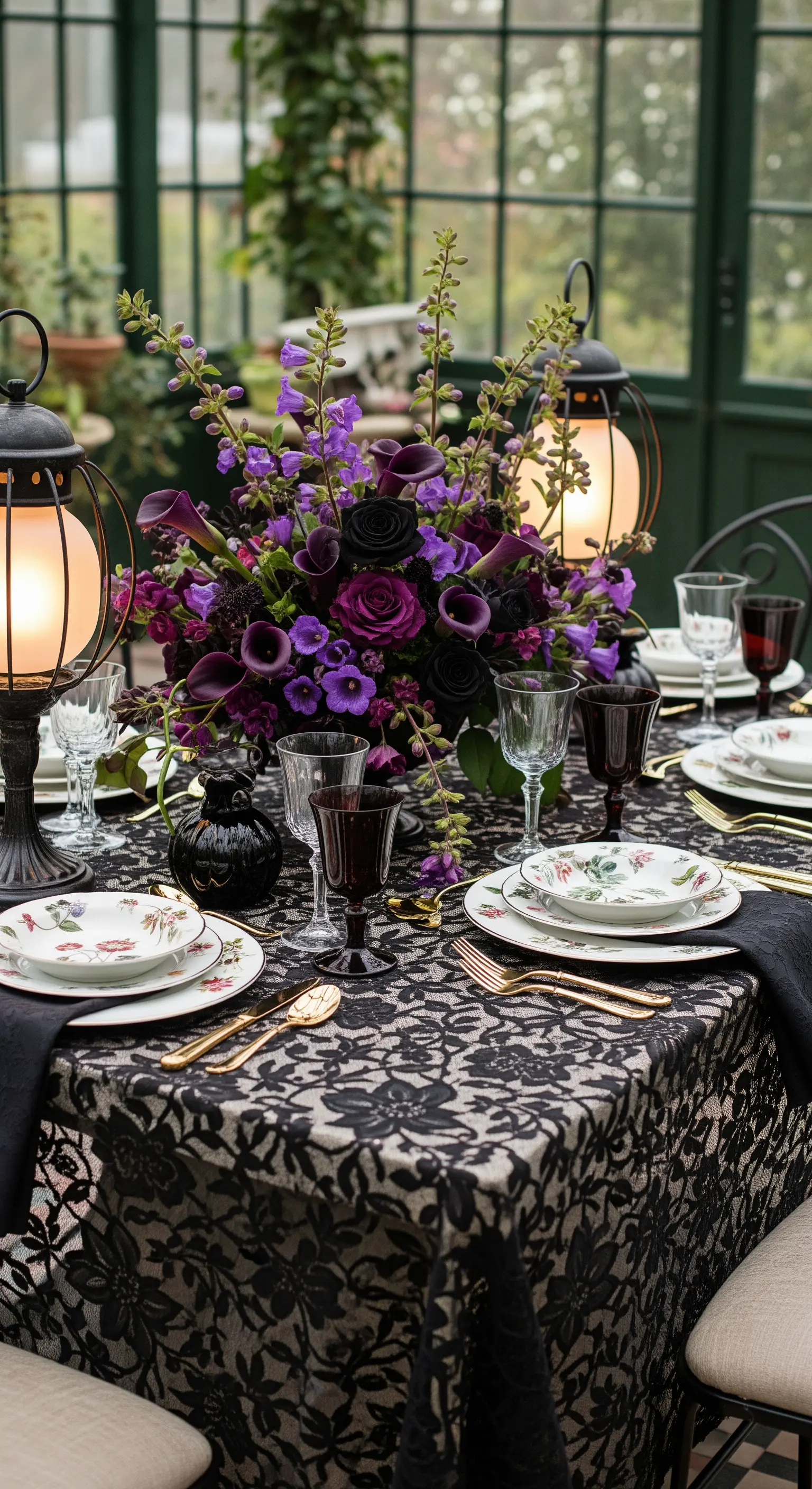 Allestimento di Halloween in una serra con fiori viola e pizzo nero.