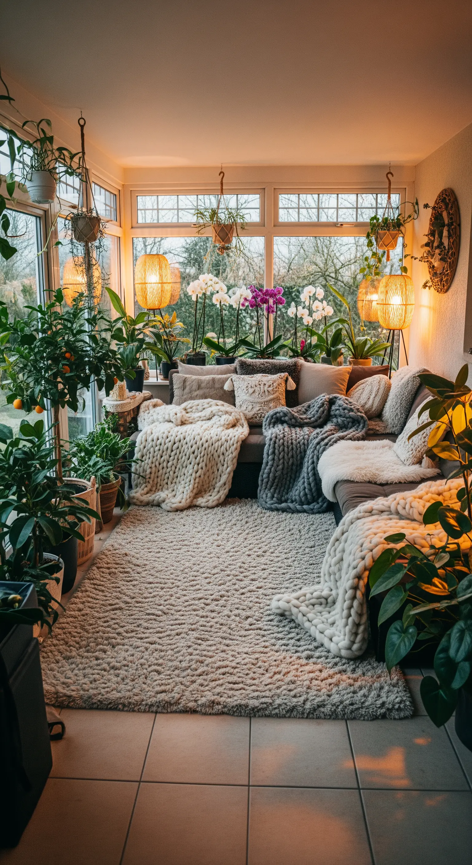 Veranda accogliente con divano, coperte di lana, tappeto shaggy e circondata da piante.