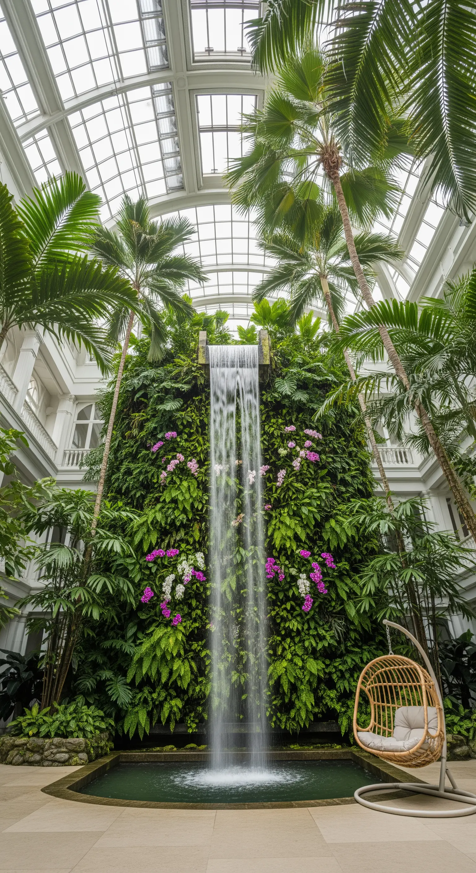 Cascata che scende da una parete verde verticale in un giardino d'inverno con palme e sedia sospesa
