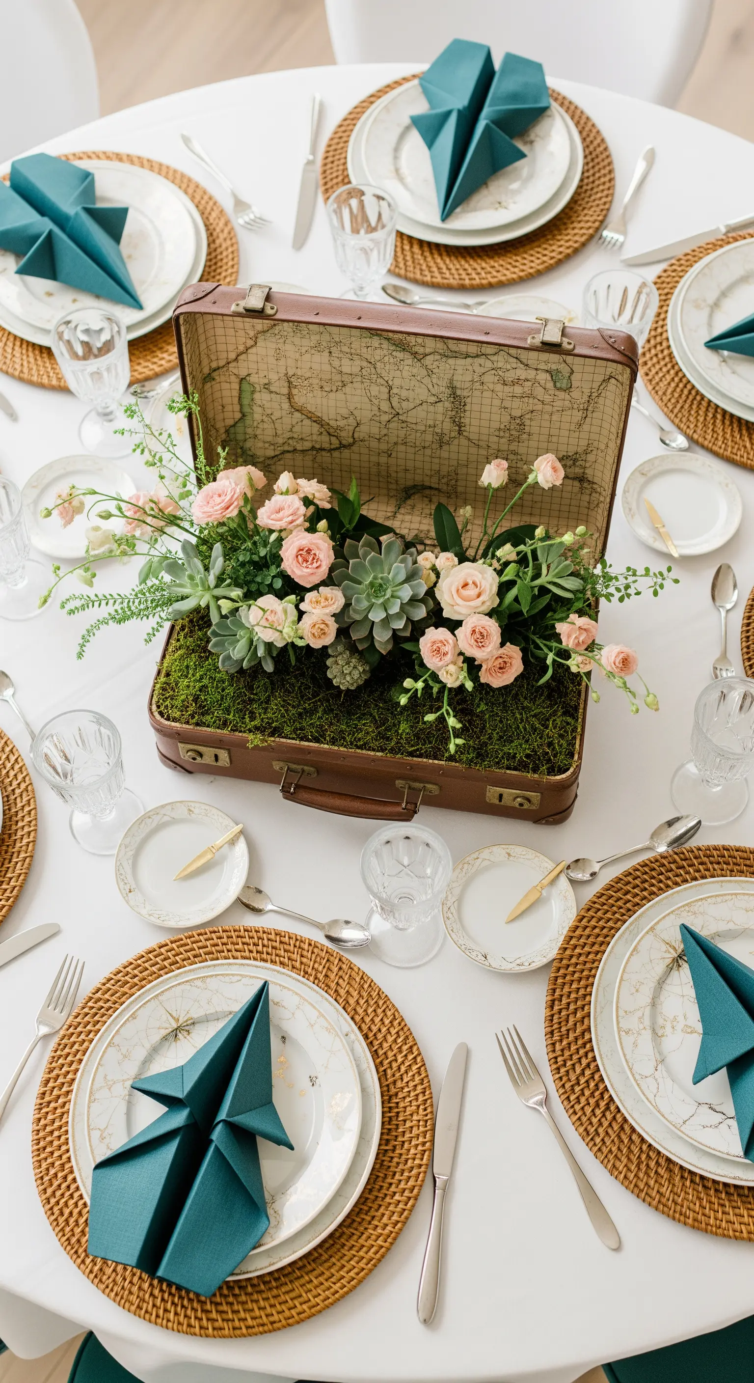 Centrotavola realizzato con una valigia vintage aperta riempita di fiori e piante succulente.