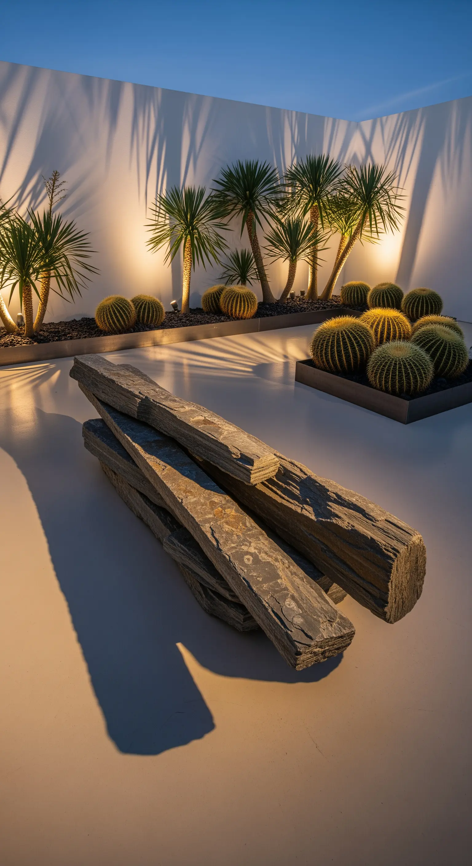 Scultura di travi in ardesia e cactus illuminati dal basso in un patio minimalista.