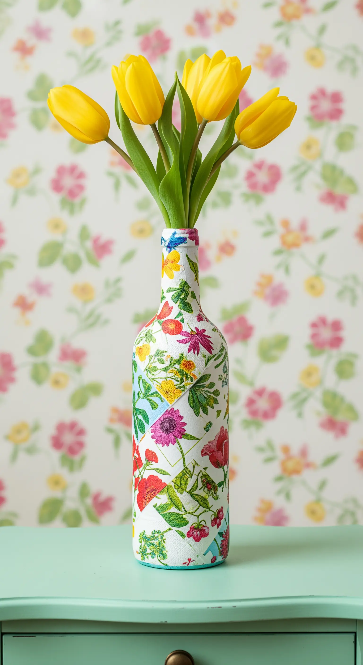 Bottiglia di vino decorata con la tecnica del decoupage usando ritagli di carta floreali.