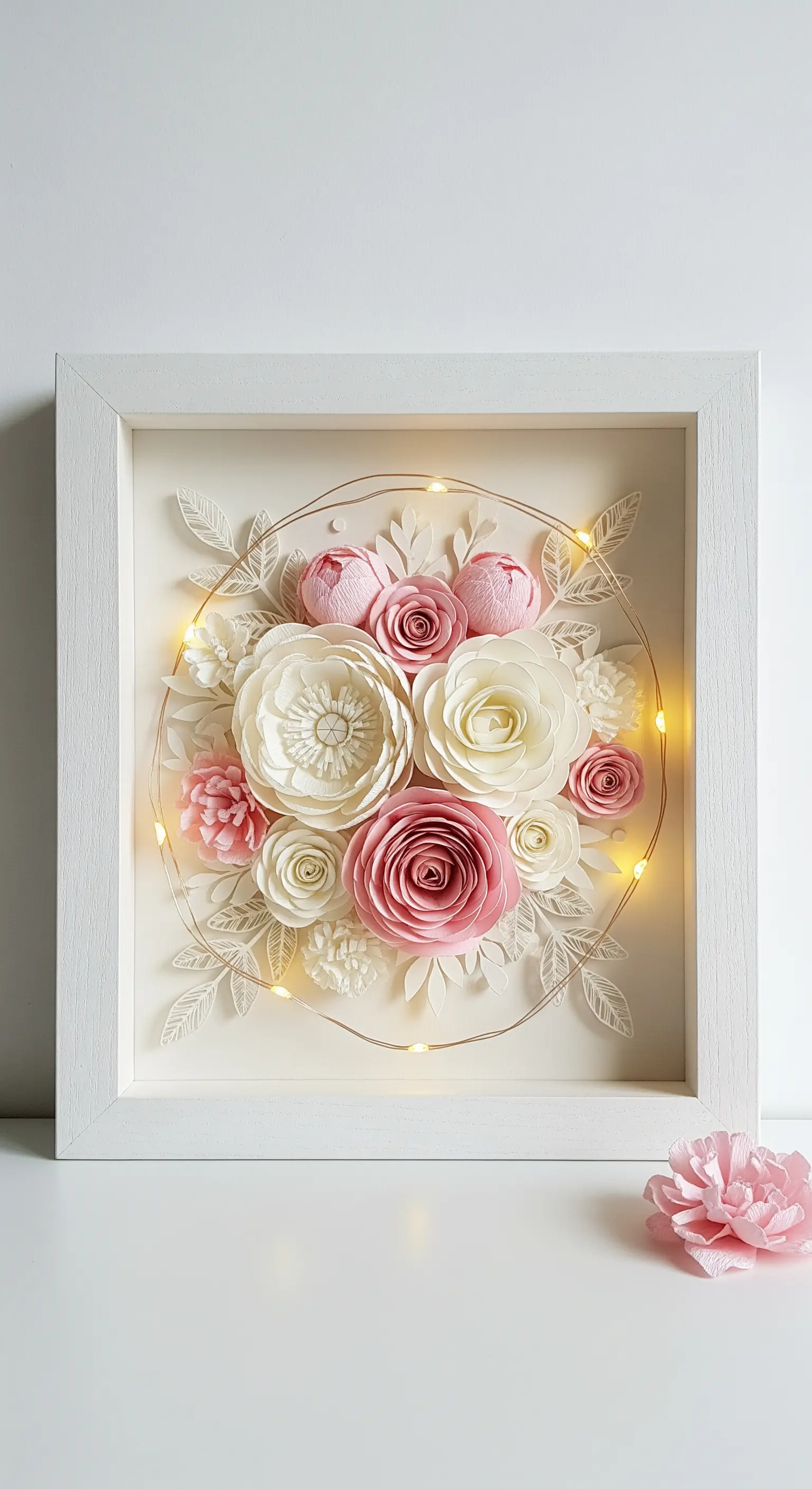 Shadow box bianca con una composizione di fiori di carta rosa e bianchi, illuminata da lucine.