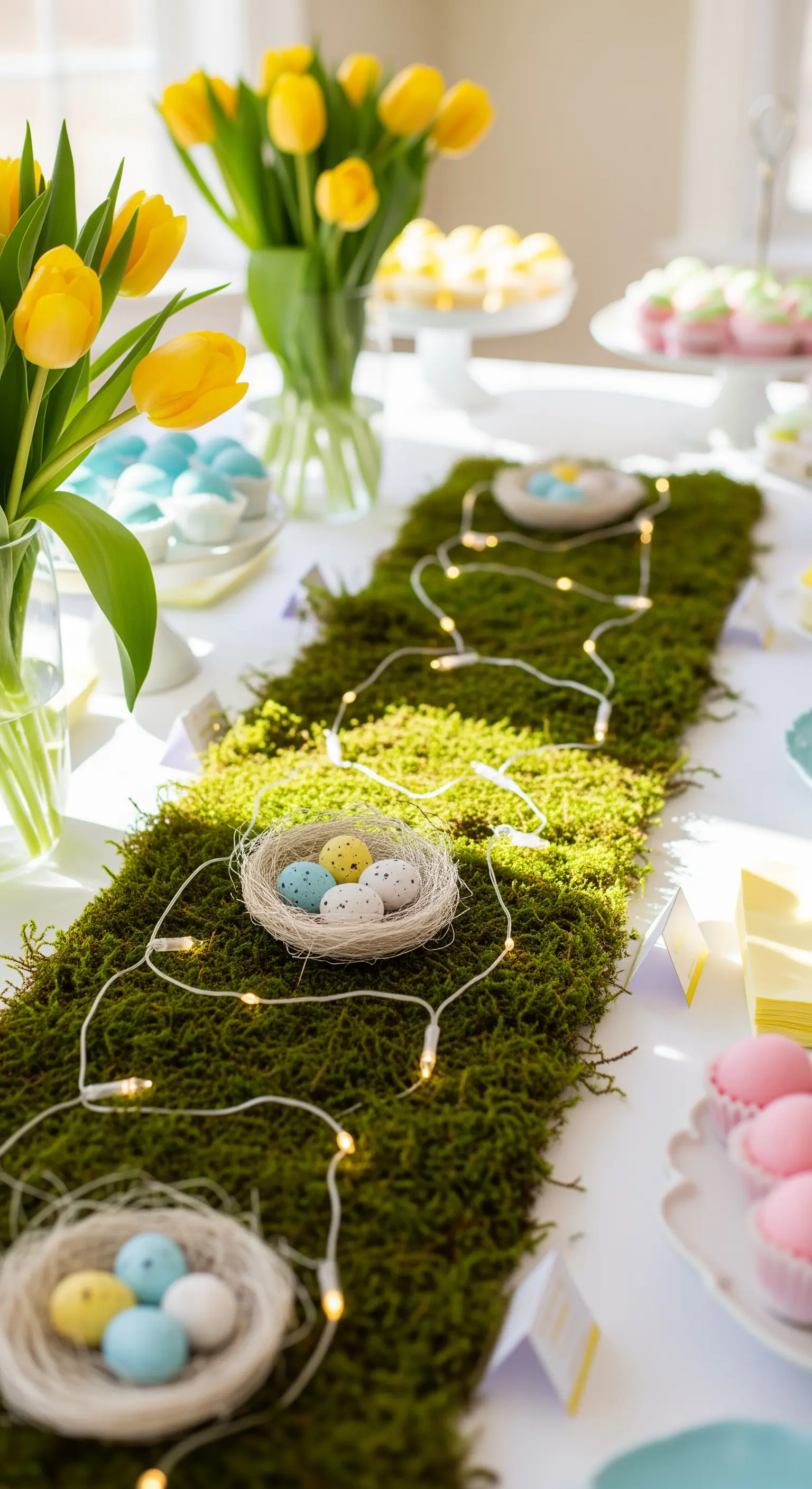 Runner fatto di muschio verde, decorato con nidi di Pasqua e luci a filo.