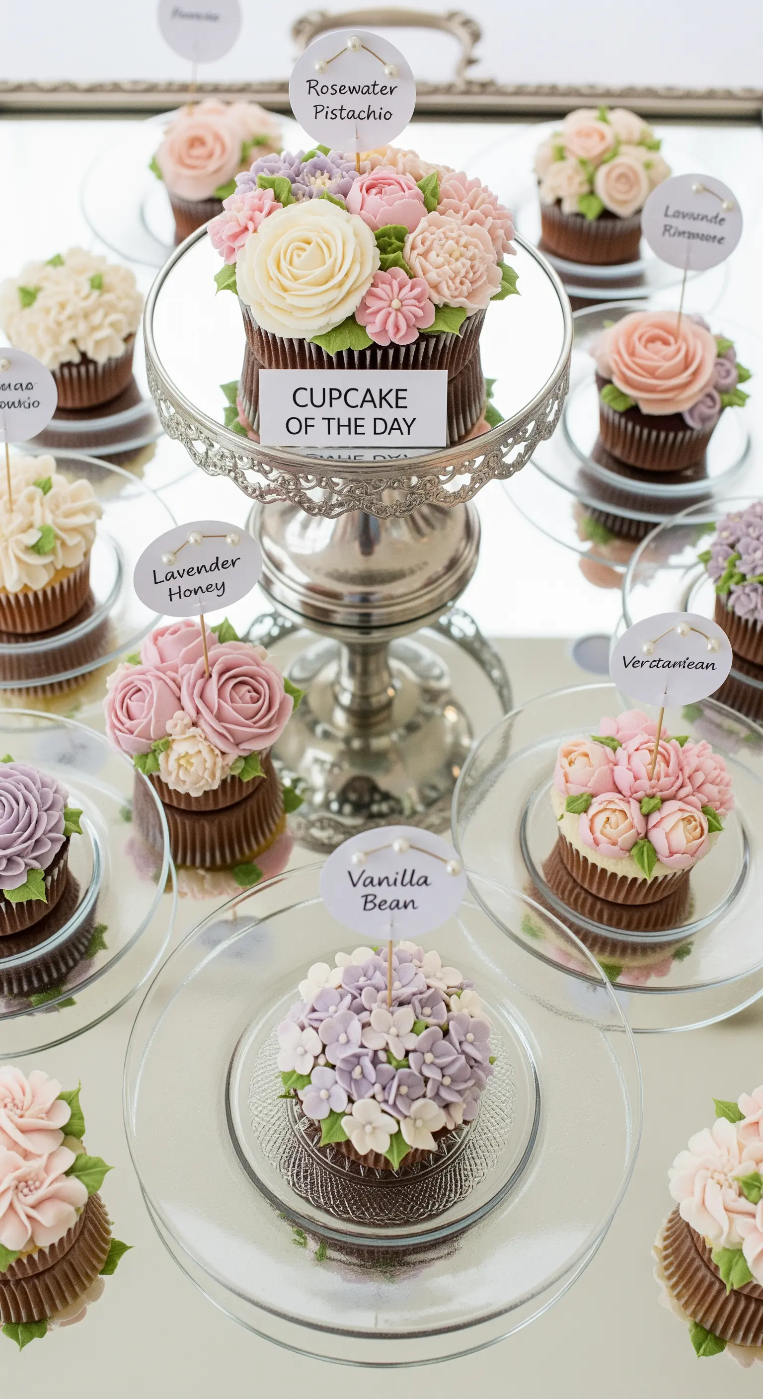 Cupcake decorati con fiori di zucchero, esposti su un'alzata argentata a specchio e piattini di vetro.
