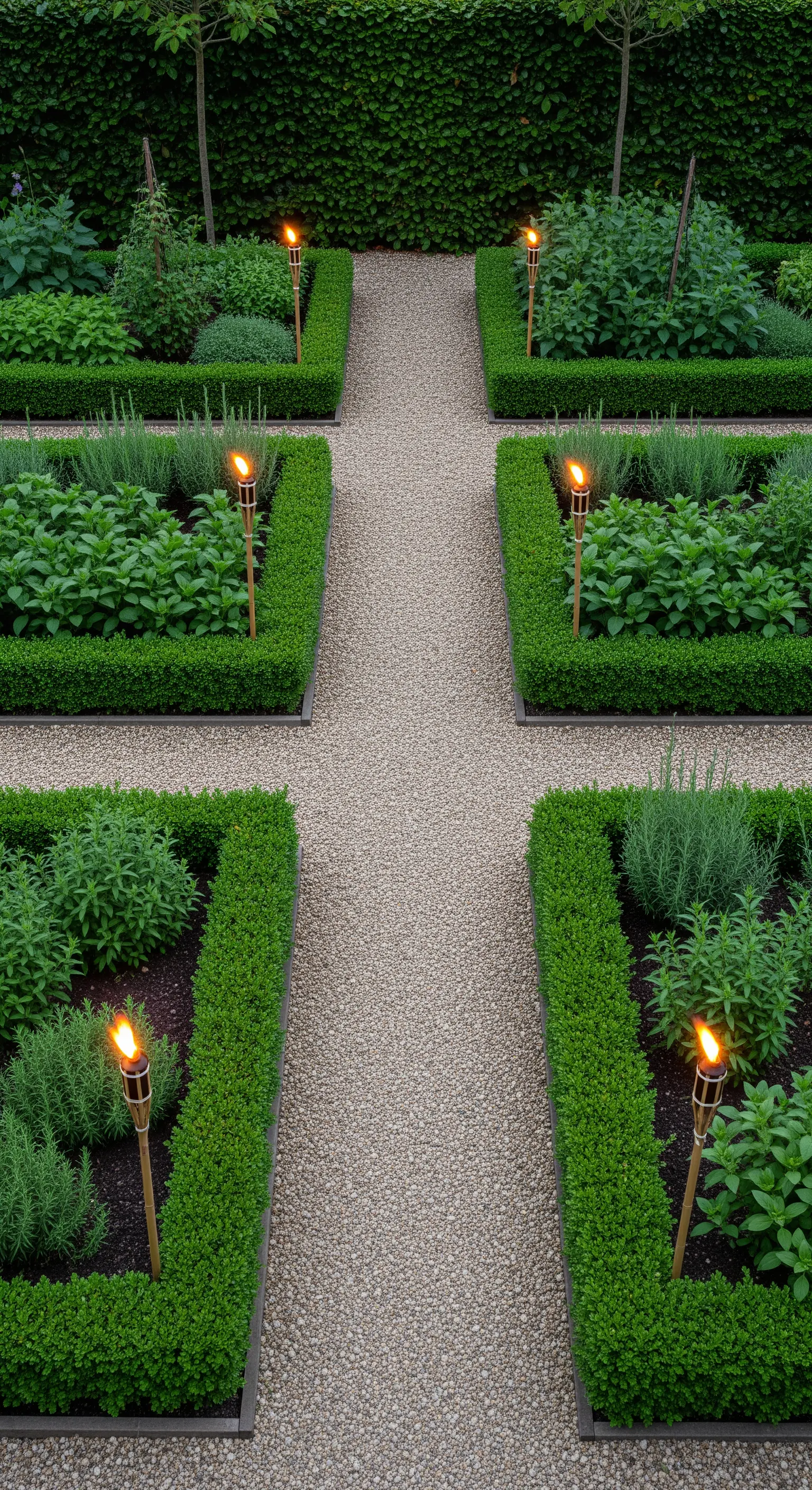 Giardino formale con aiuole geometriche bordate di siepi e torce posizionate simmetricamente.
