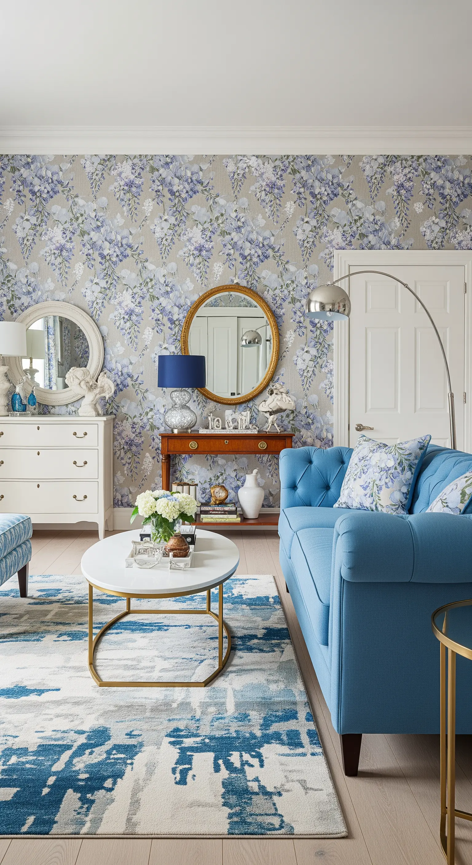 Salotto romantico con carta da parati a glicini e un divano Chesterfield blu.